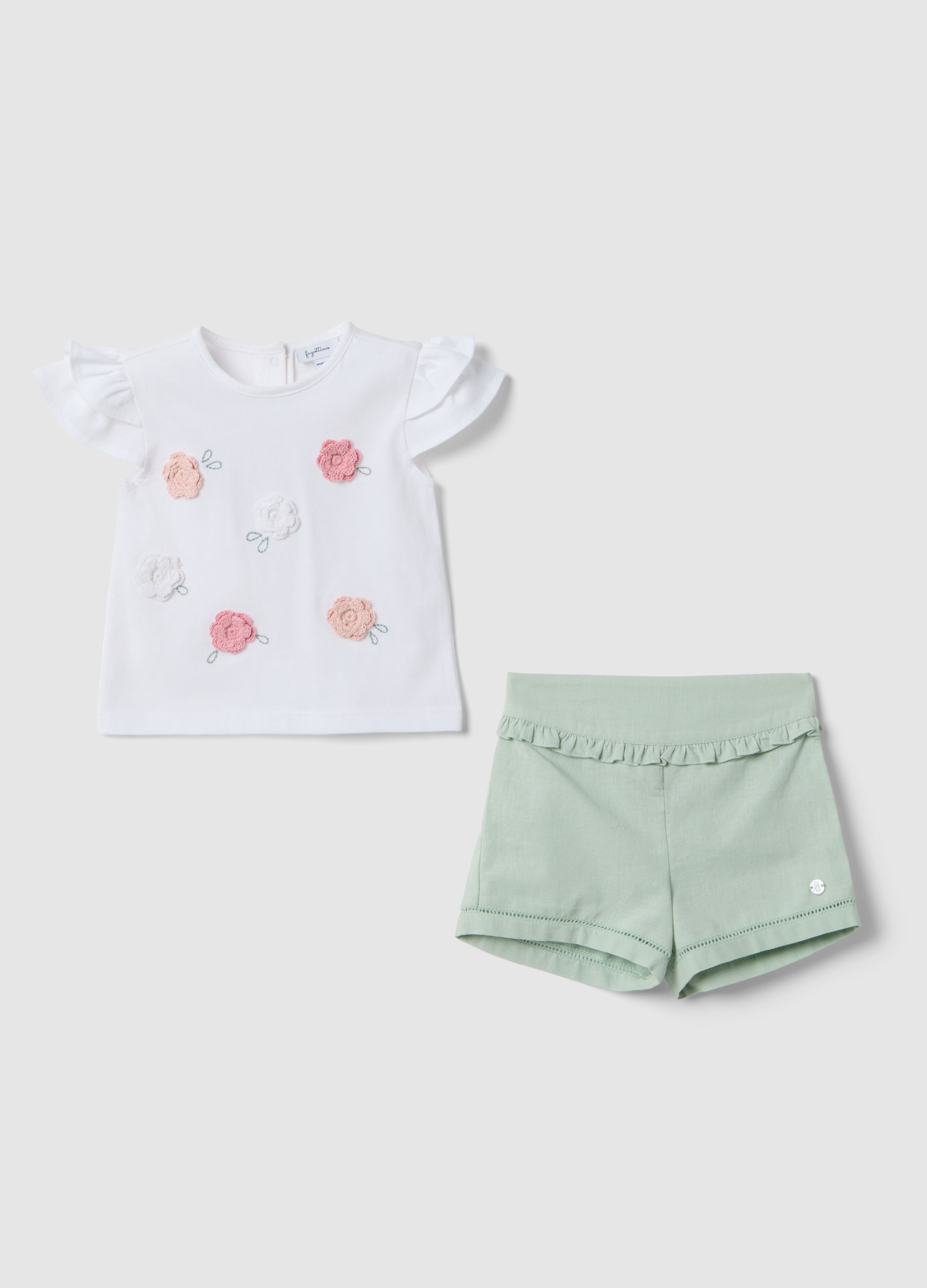 FAGOTTINO, Conjunto Multicolor De Mezcla De Algodón Y Lino Para Recién Nacida Con Flores Aplicadas, Bebé Niña, Blanco/verde, Talla: 3-6