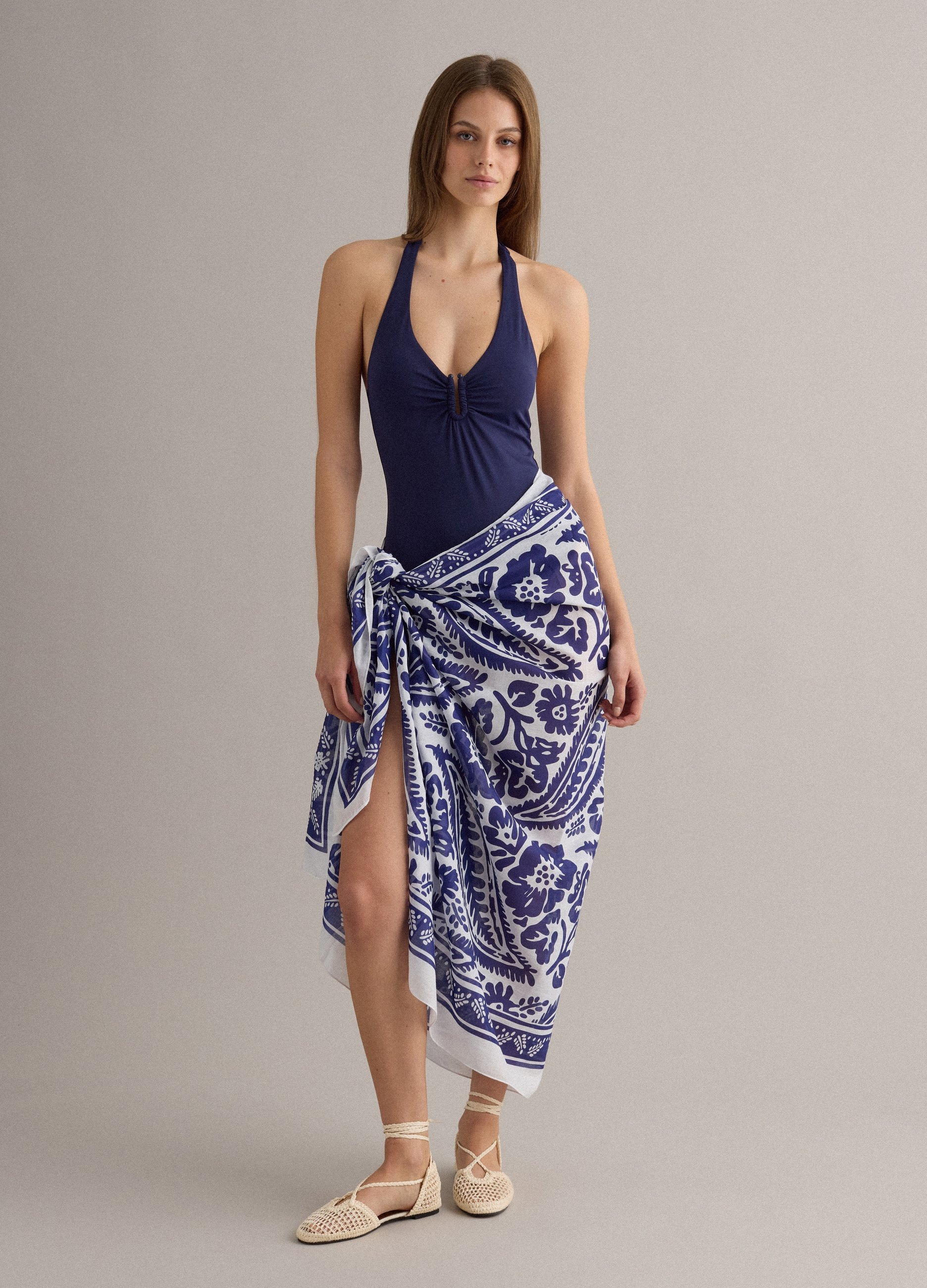 PIOMBO, Bañador Azul De Una Pieza En Tejido Elástico Con Lazadas Al Cuello, Mujer, Azul, Talla: 3