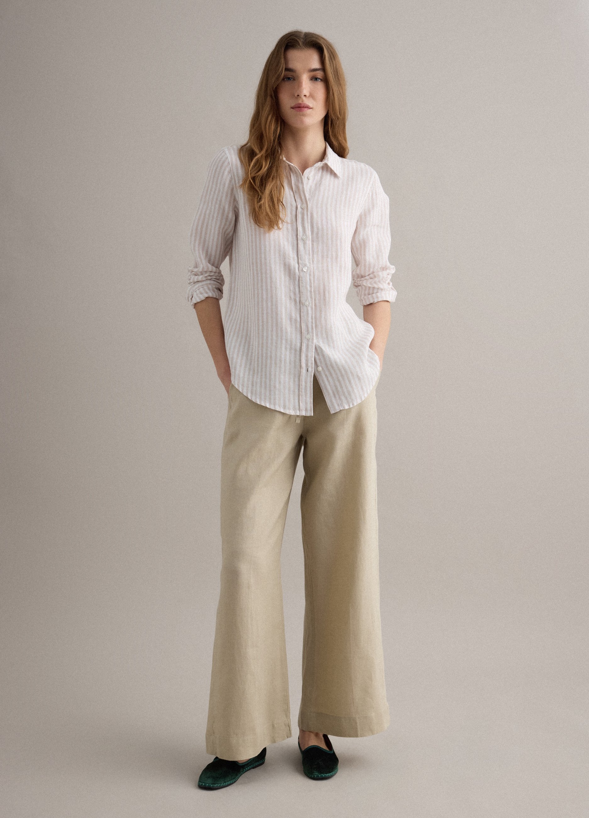 PIOMBO, Pantalón Beige De Lino Puro Con Cordón, Corte Recto, Mujer, Beige, Talla: 40