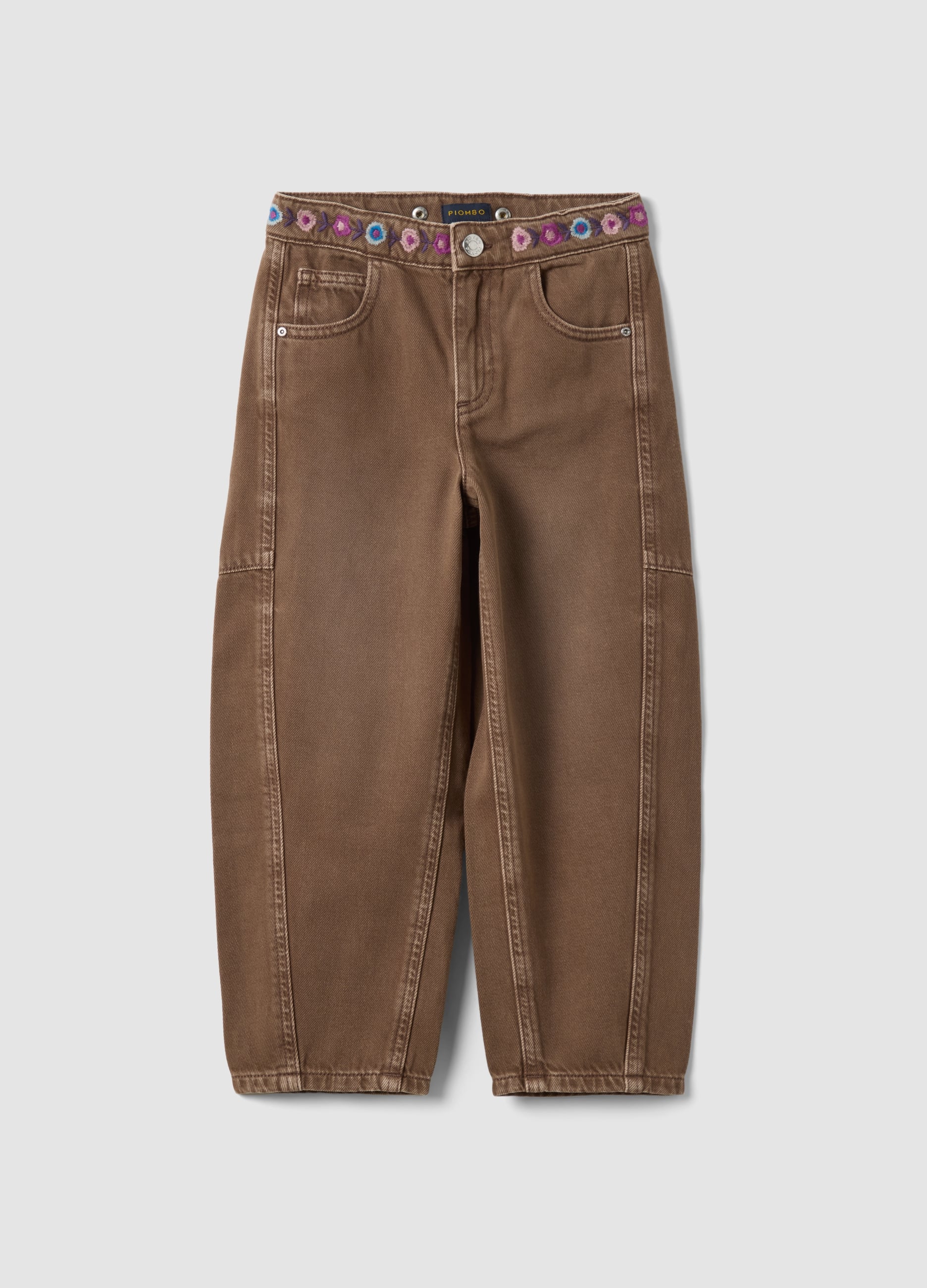 PIOMBO KIDS, Jeans Marroni In Puro Cotone Balloon Fit Ricamati, Bambina, Marrone, Taglia: 6