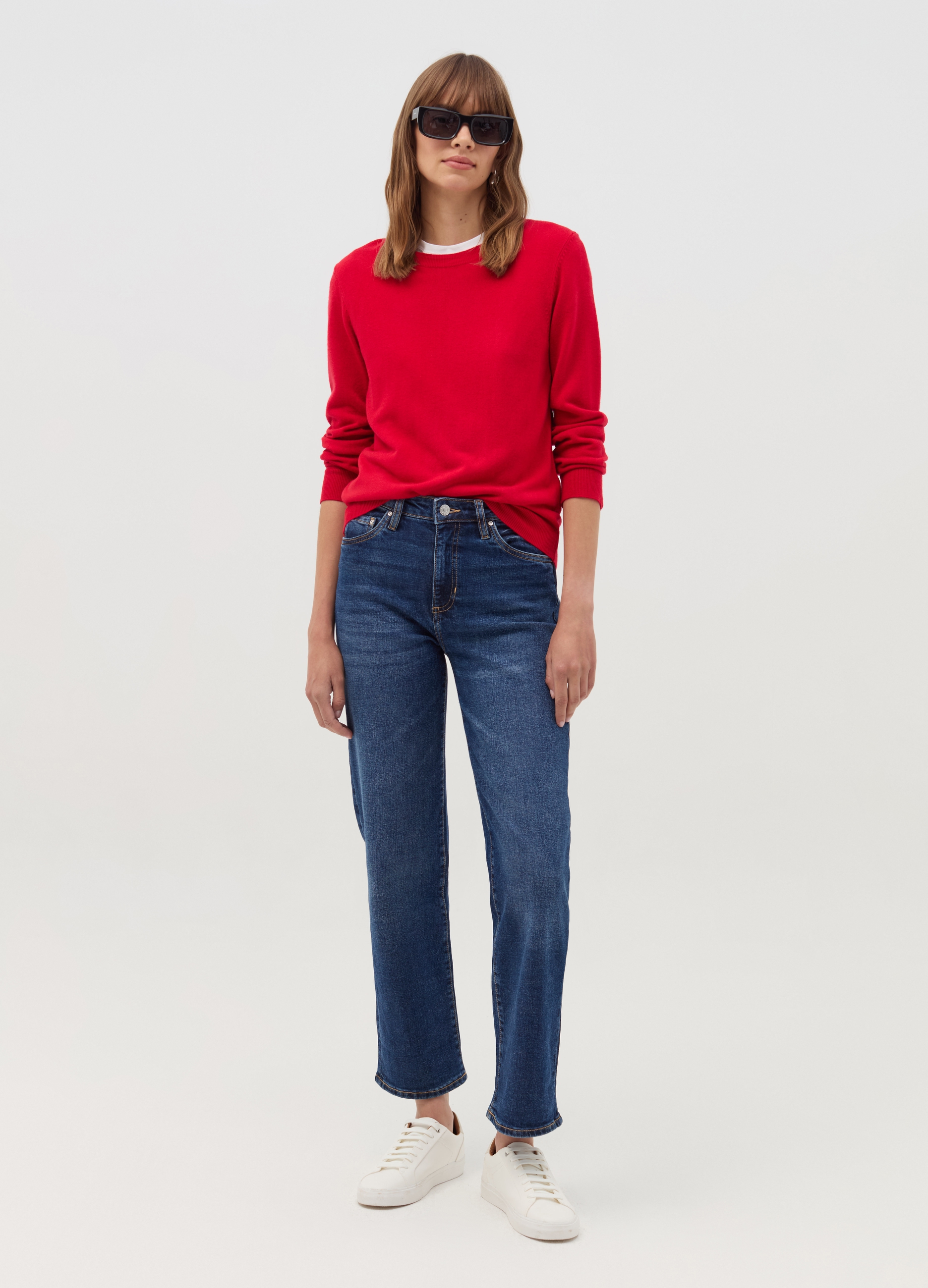 Jersey Con Cuello Redondo De Manga Larga, Mujer, Rojo Geranio, Talla: 38