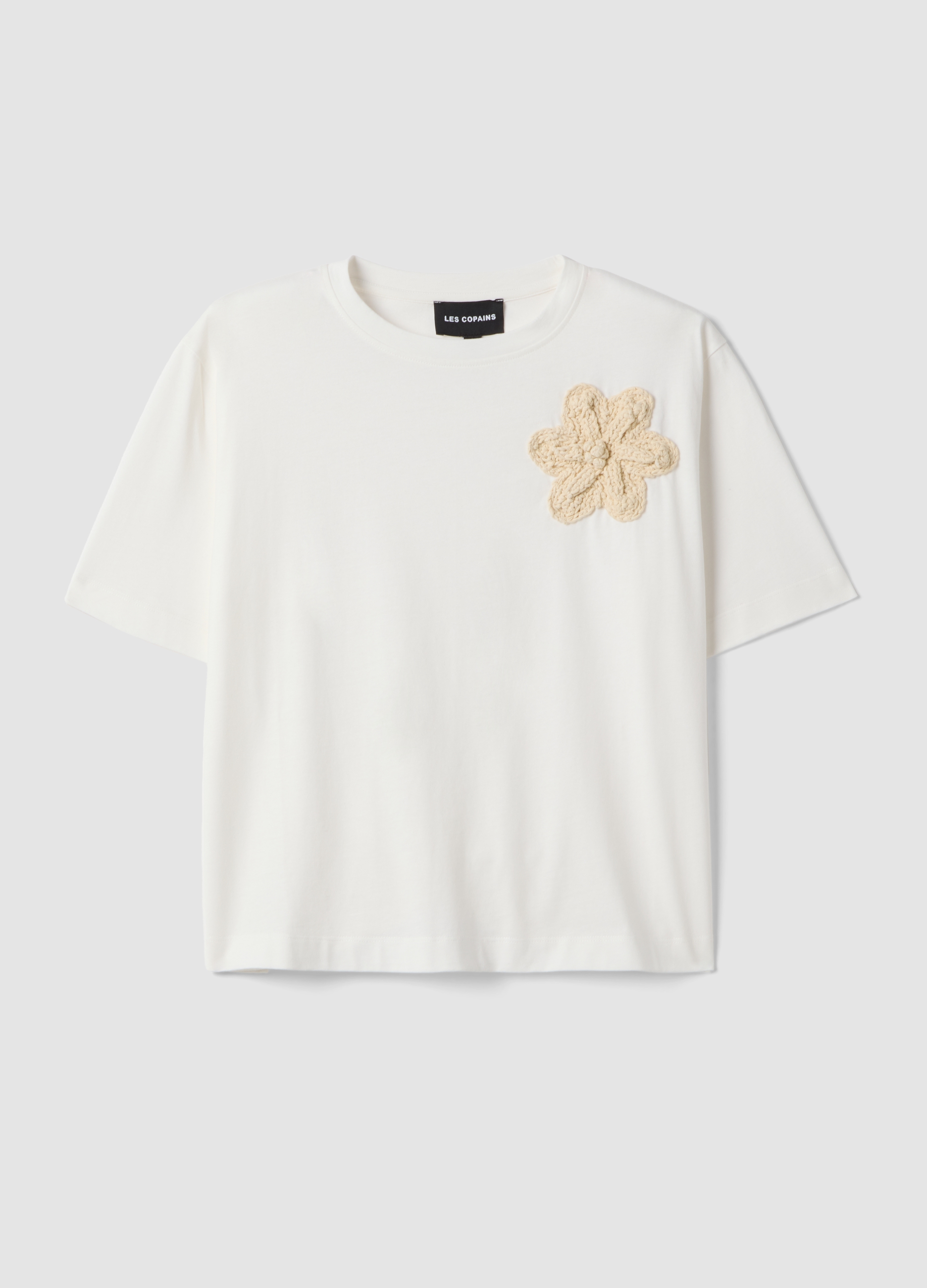 LES COPAINS, Camiseta Blanca De Algodón Puro Regular Fit Con Aplique Floral, Mujer, Blanco roto, Talla: 34