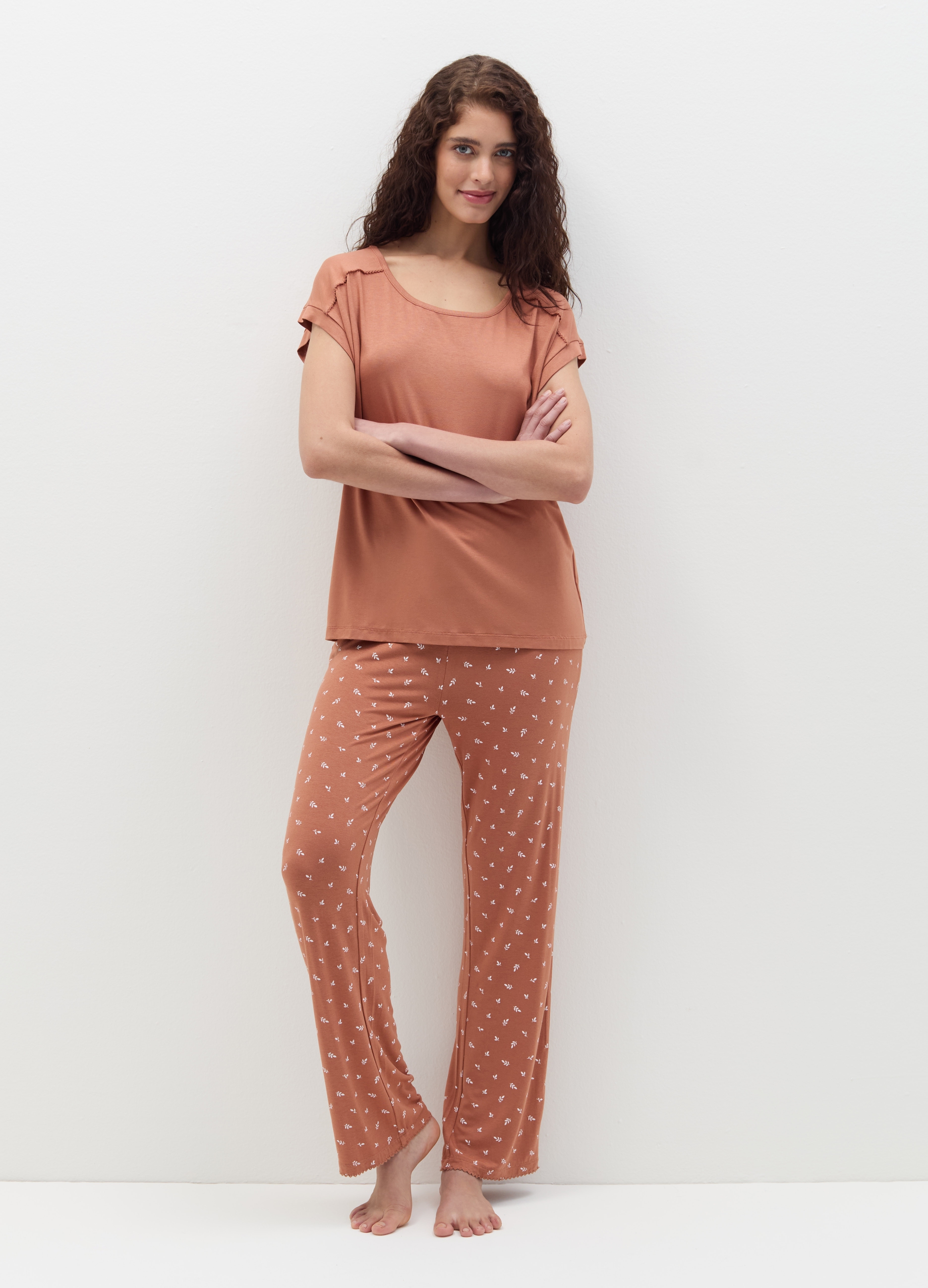 OVS , Pantalone Pigiama Stampa Foglioline, Donna, Marrone, Taglia: S