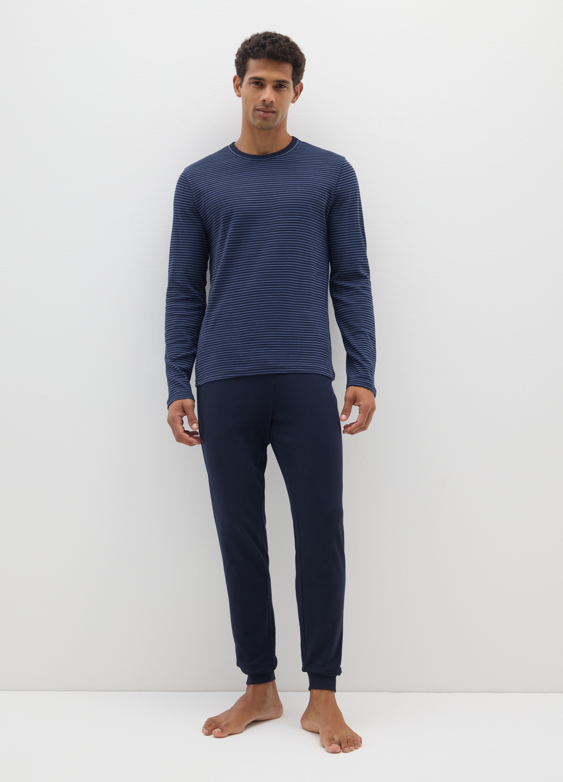 Pigiama Blu A Righe In Puro Cotone Regular Fit, Hombre, Azul oscuro, Talla: XXL