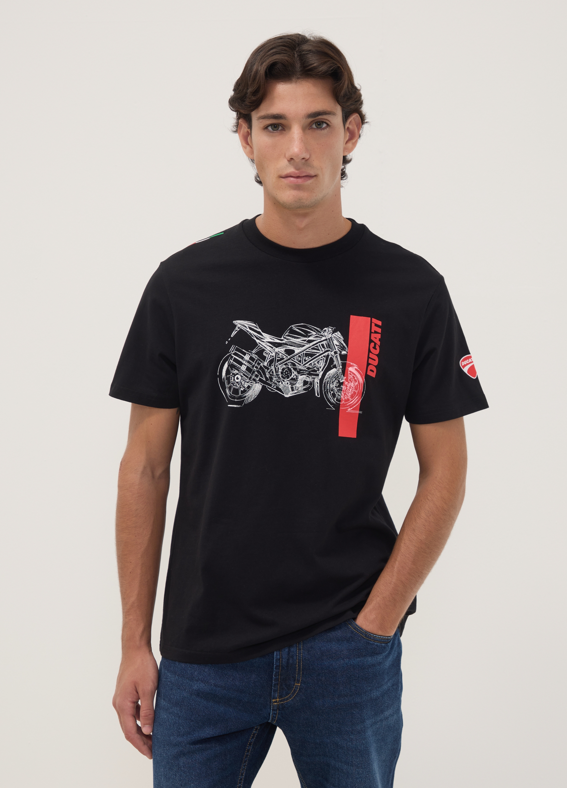 OVS, T-shirt Nera In Puro Cotone Con Stampa Ducati Regular Fit, Uomo, Nero, Taglia: S
