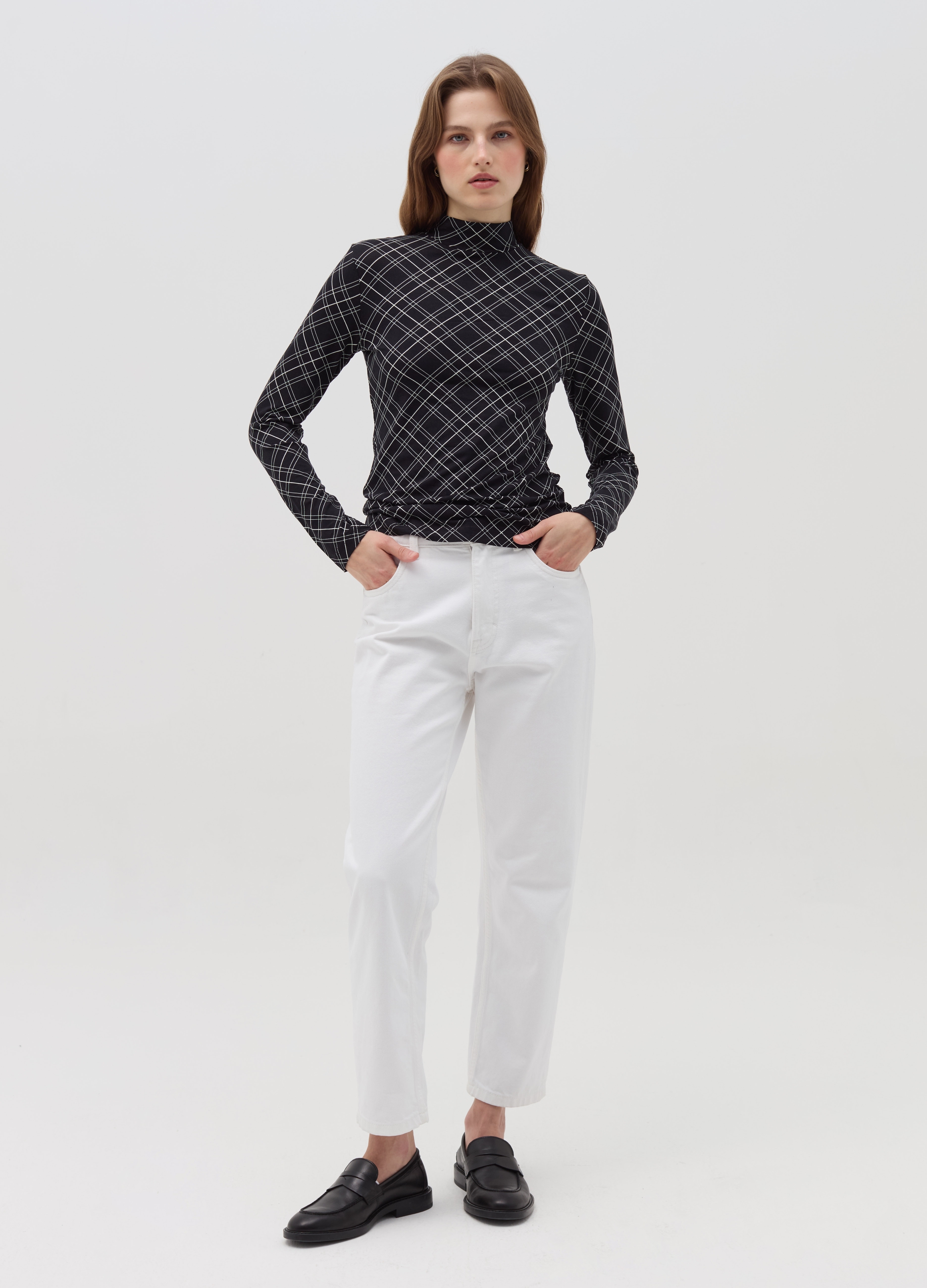 OVS, T-shirt Mock Neck Con Fantasia Check, Donna, Multicolor, Taglia: S