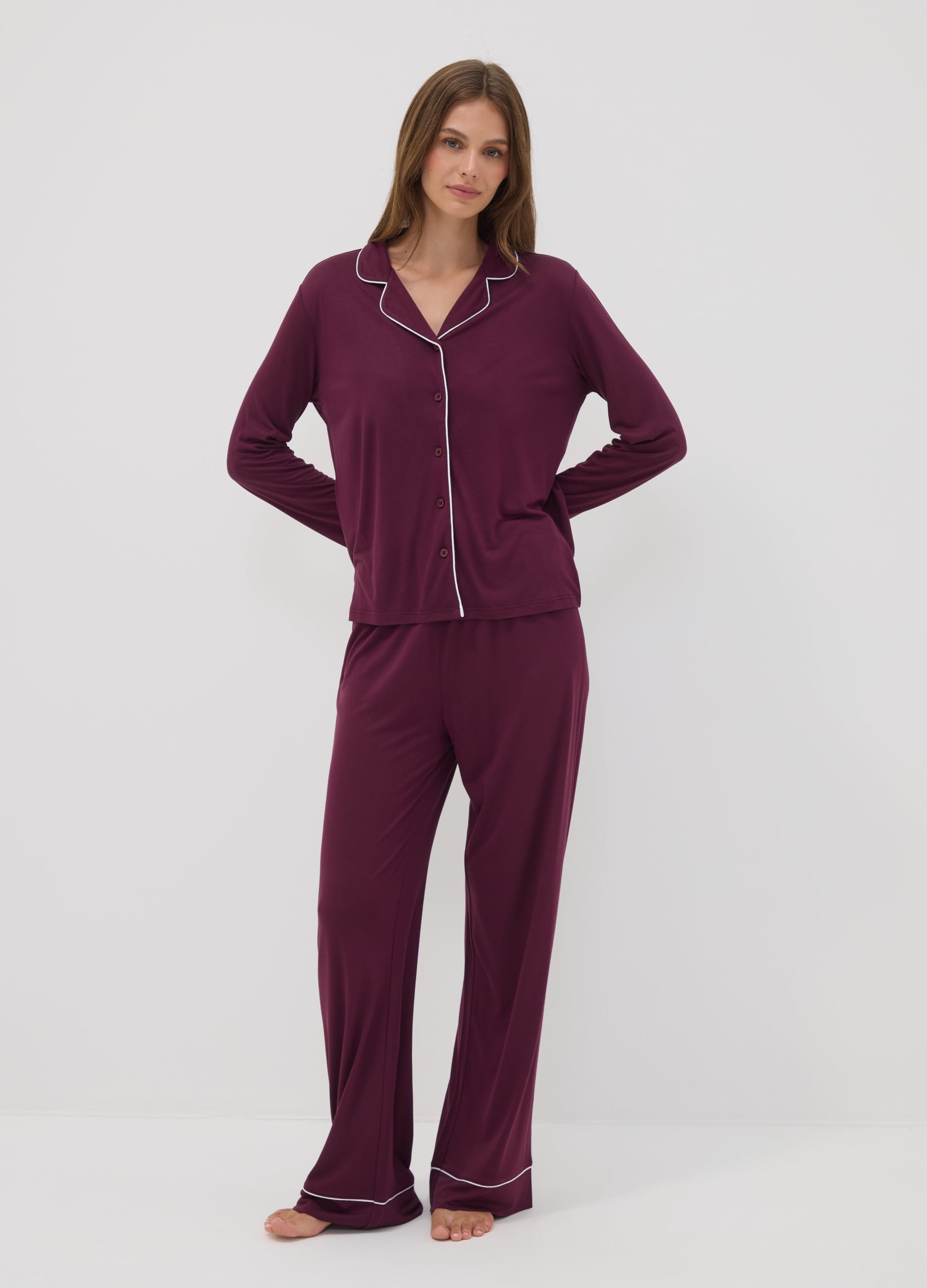 OVS, Pigiama Viola In Pura Viscosa Con Scollo A V E Profili A Contrasto, Donna, Viola, Taglia: XL