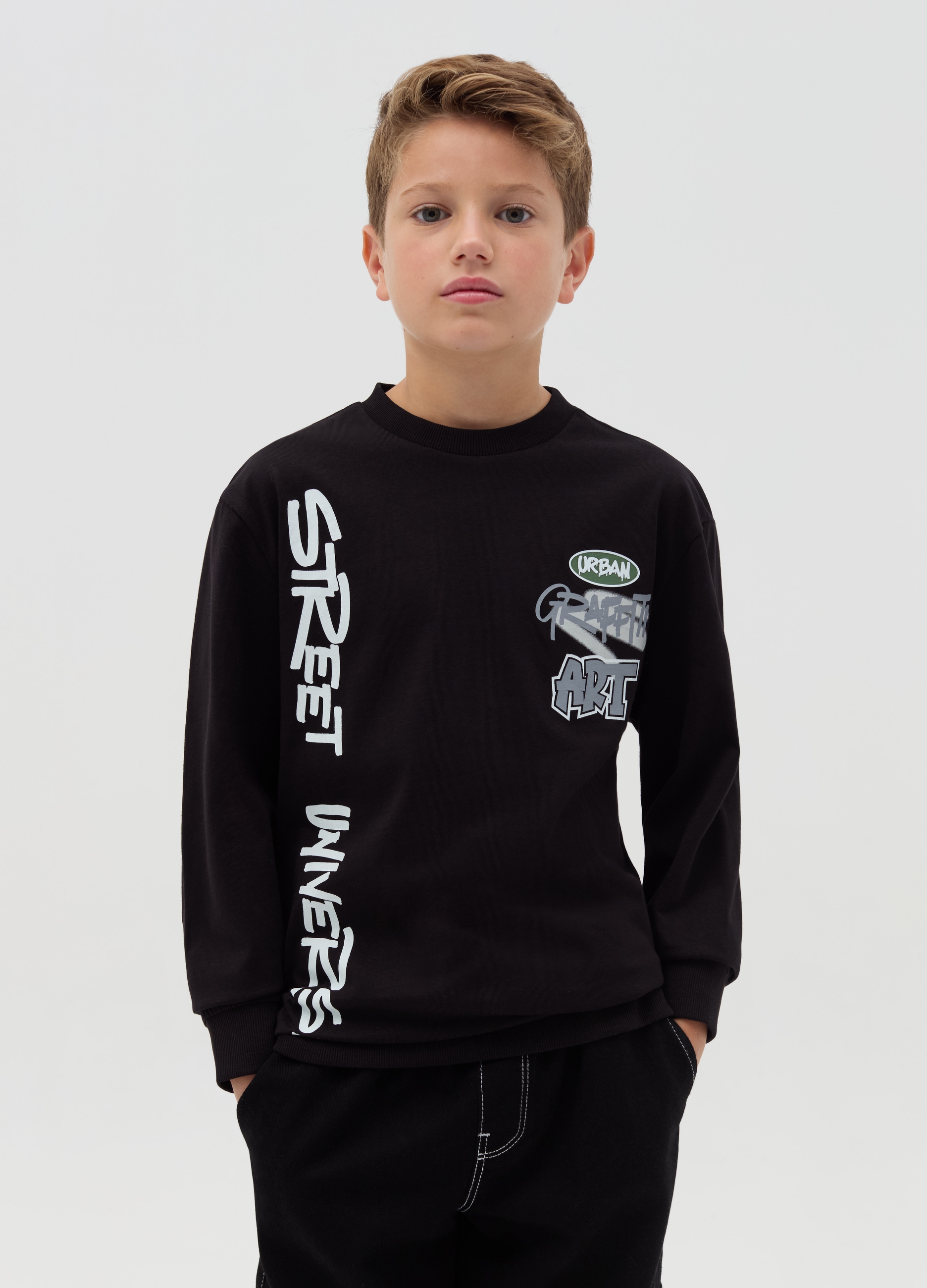 OVS KIDS, T-shirt A Maniche Lunghe Con Stampa, Bambino, Nero, Taglia: 10-11