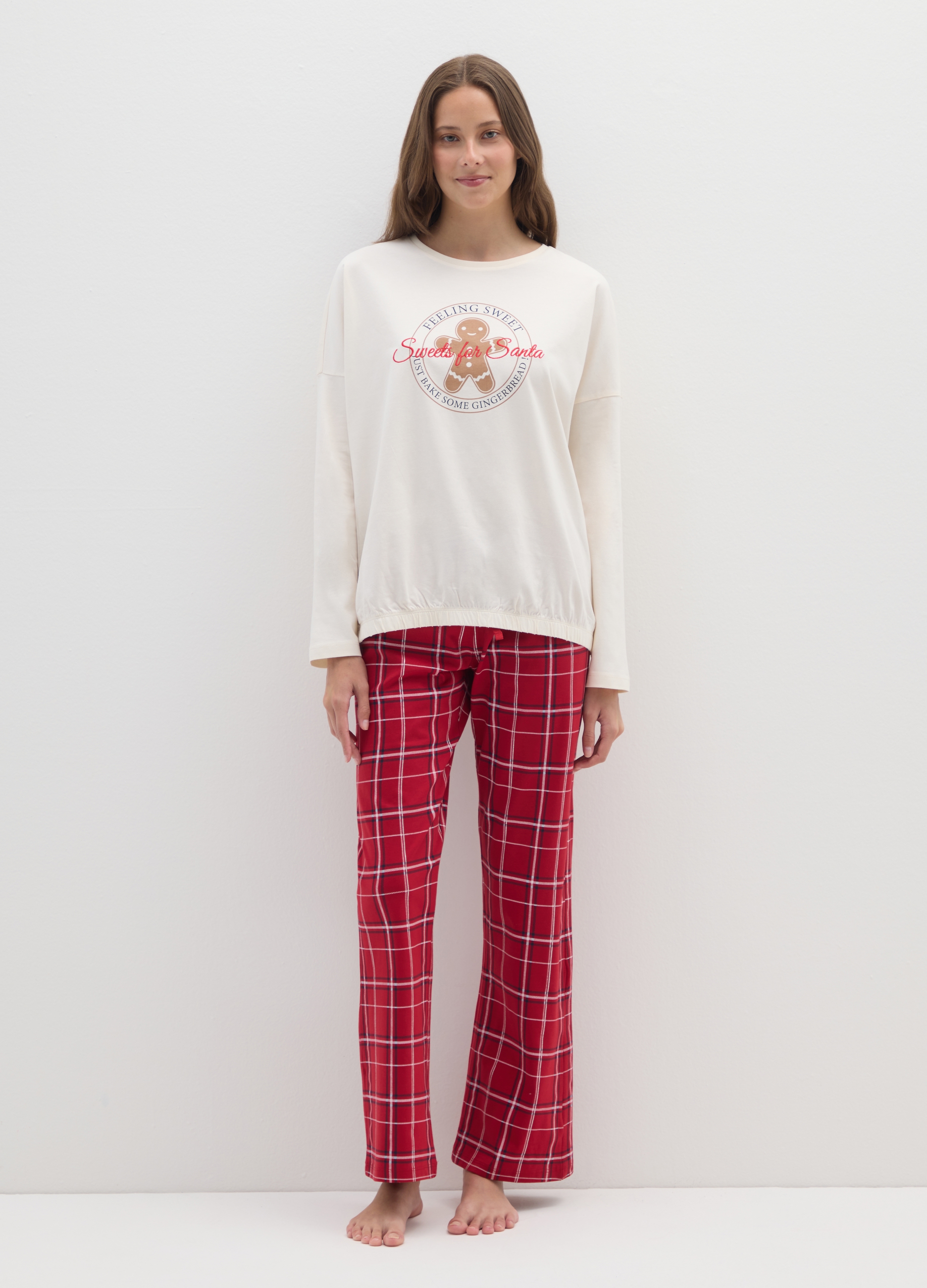 Pijama Navideño De Cuadros Multicolor En Algodón Puro Ajuste Regular, Mujer, Blanco/rojo, Talla: XXL