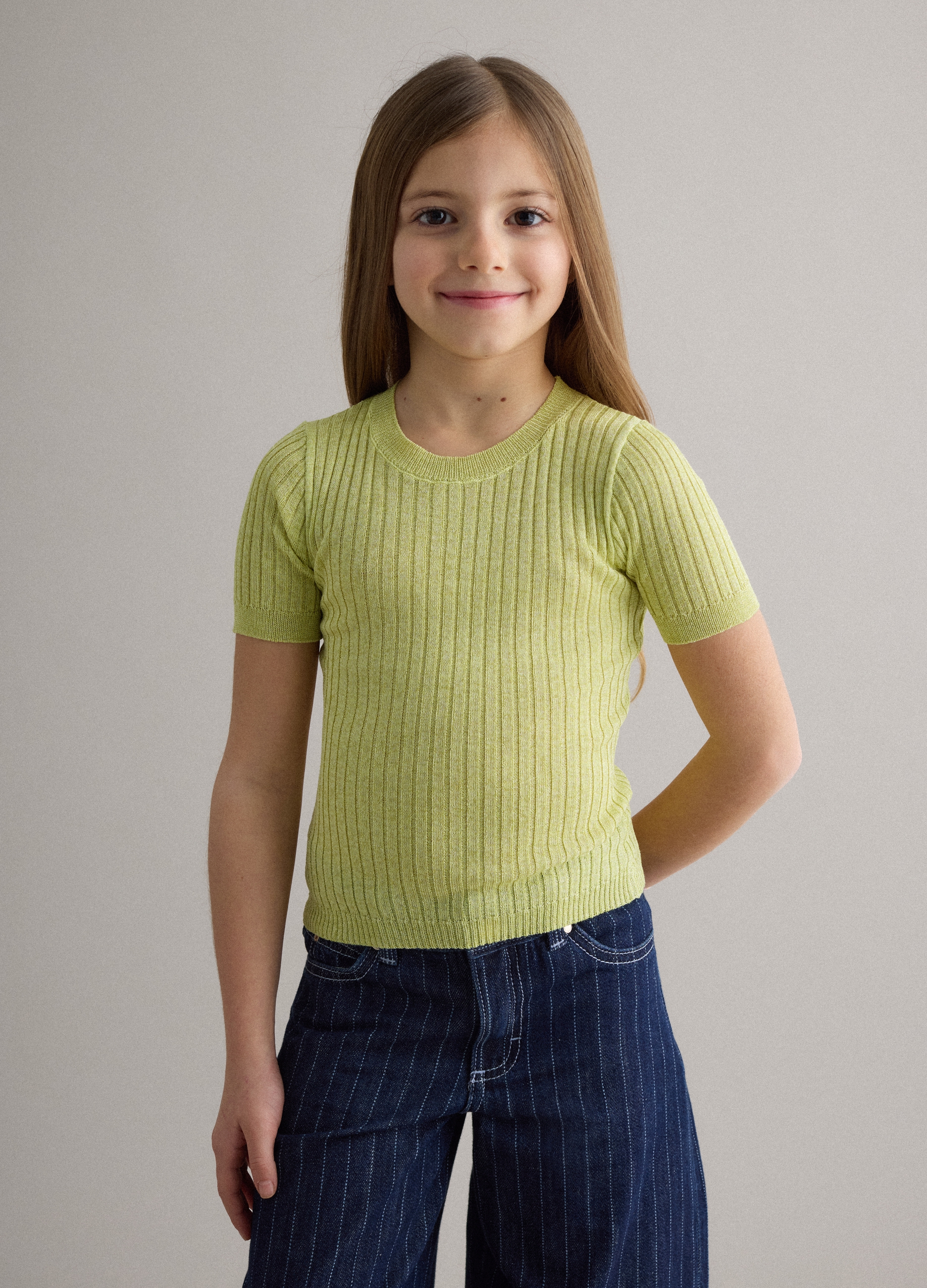 PIOMBO KIDS, Jersey De Mezcla De Viscosa Amarillo Acanalado Para Niña Ajuste Regular, Niña, Amarillo mostaza, Talla: 12