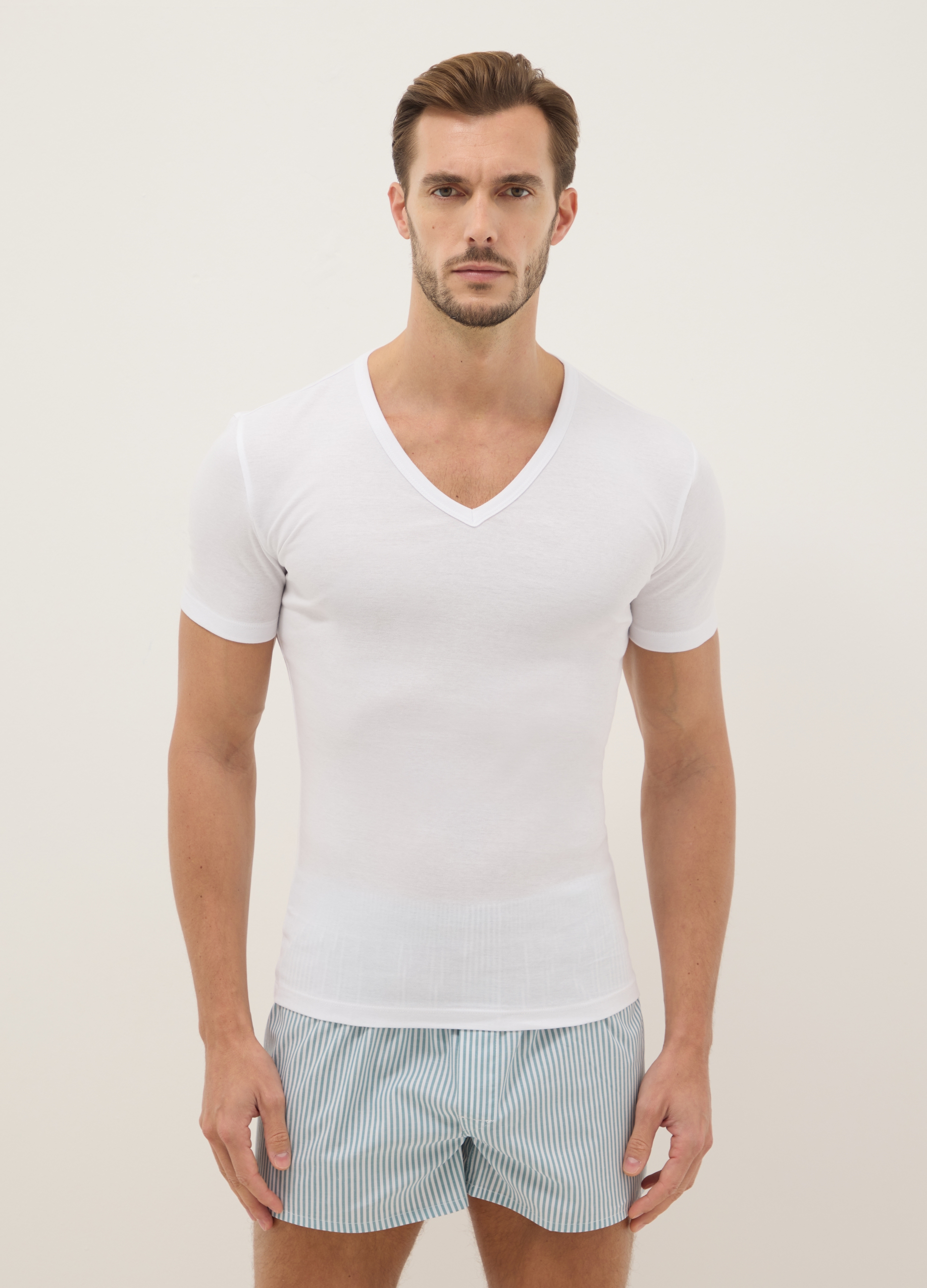 Bipack T-shirt Bianca In Puro Cotone Scollo Profondo A V, Hombre, Blanco, Talla: XXL