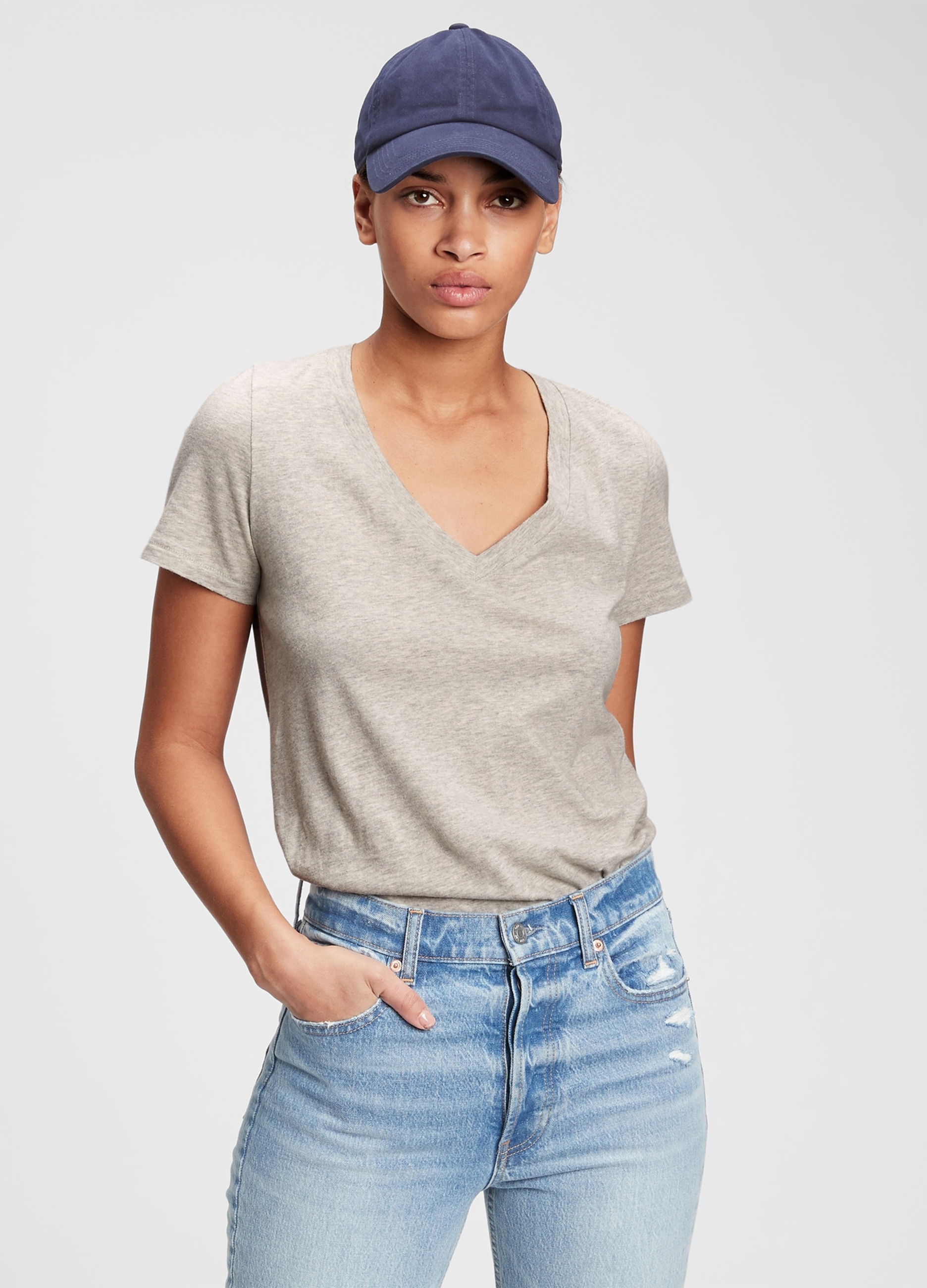 GAP, T-shirt Con Scollo A V, Donna, Grigio, Taglia: XS