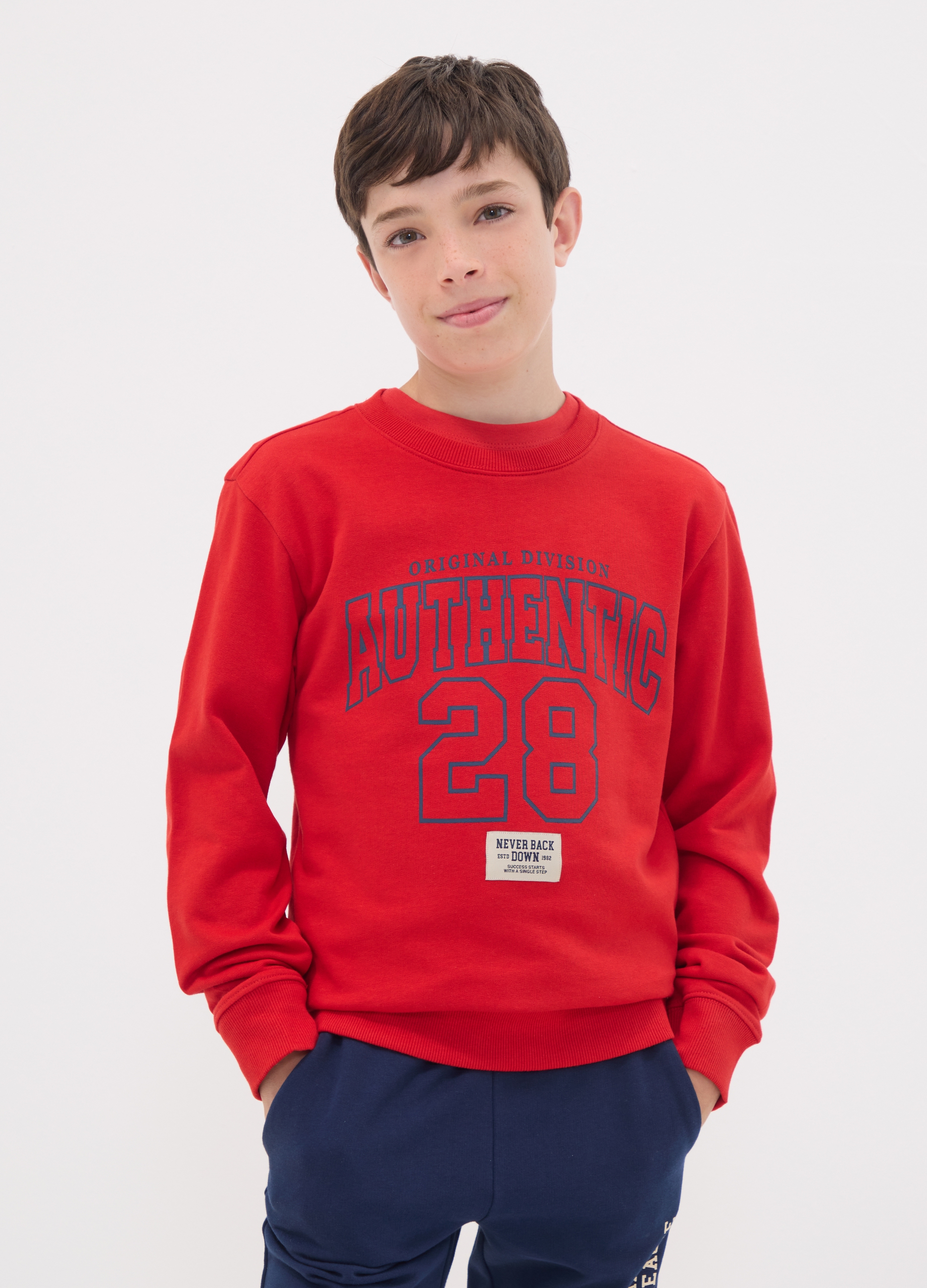 OVS KIDS, Felpa Rossa In Puro Cotone Organico Con Girocollo E Stampa Per Ragazzo, Bambino, Rosso, Taglia: 14-15