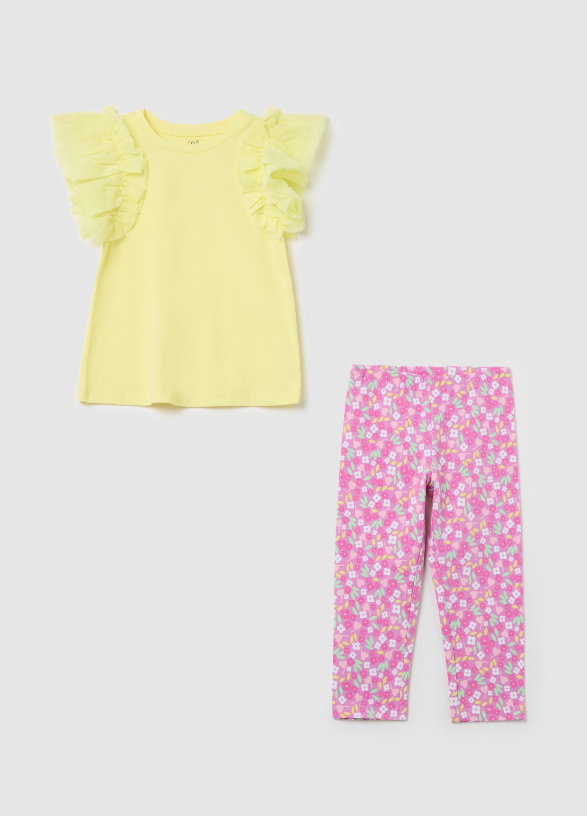 OVS, Jogging Set In Cotone Con Volant E Stampa, Bambina, Multicolor, Taglia: 3-4