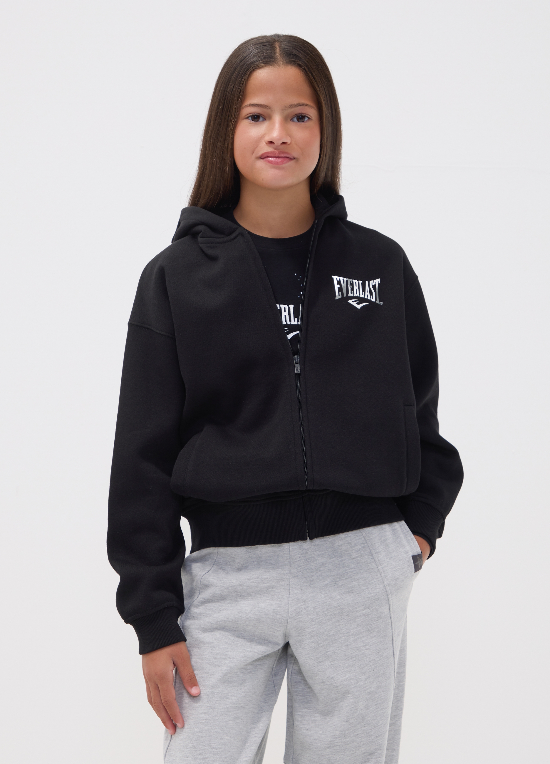 EVERLAST, Felpa Nera Con Cappuccio E Zip In Misto Cotone Per Ragazza Regular Fit, Unisex, Nero, Taglia: 10-11