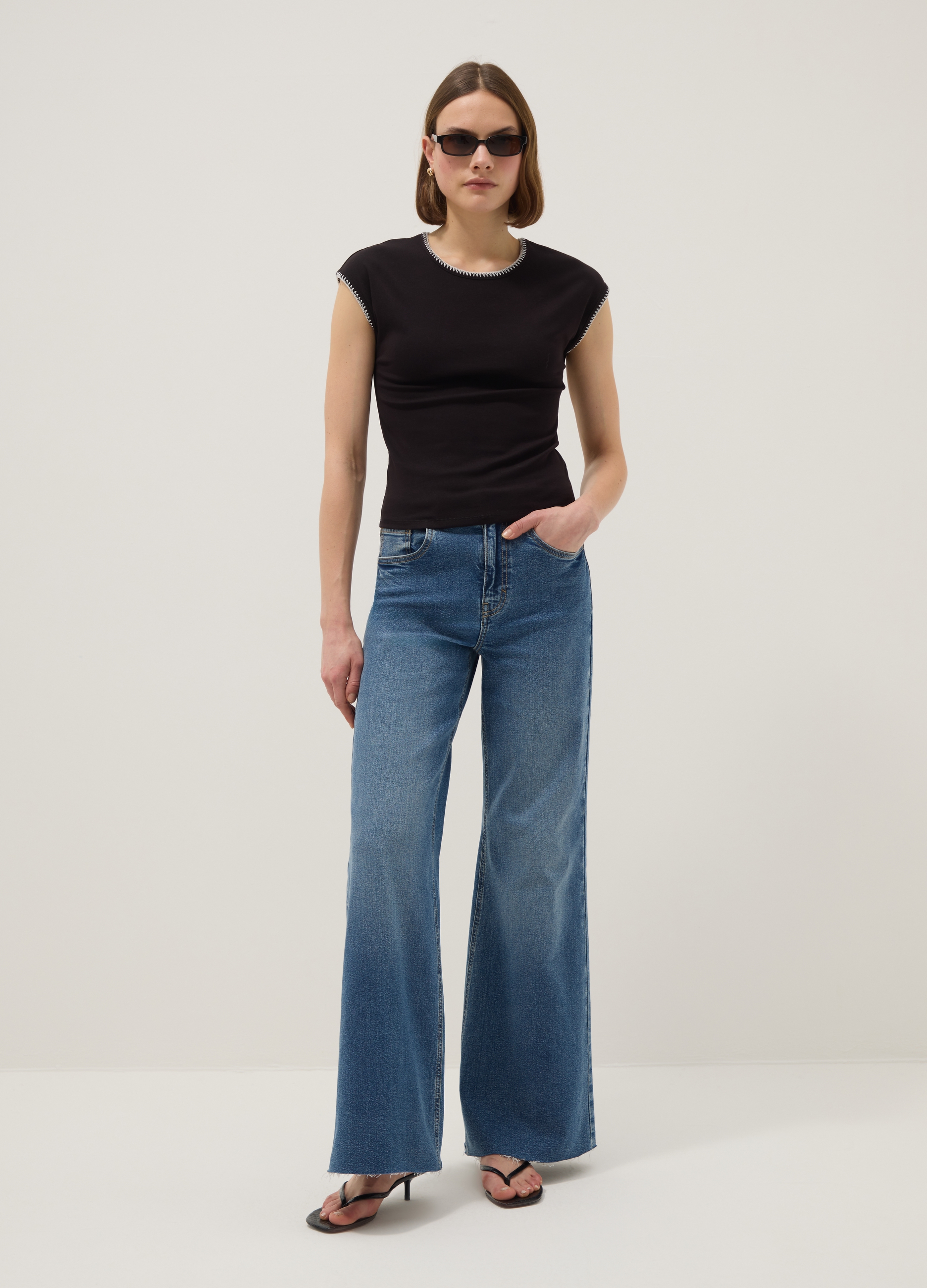 Camiseta Negra De Algodón Elástico Ajuste Regular Con Costuras, Mujer, Gunmetal, Talla: 38