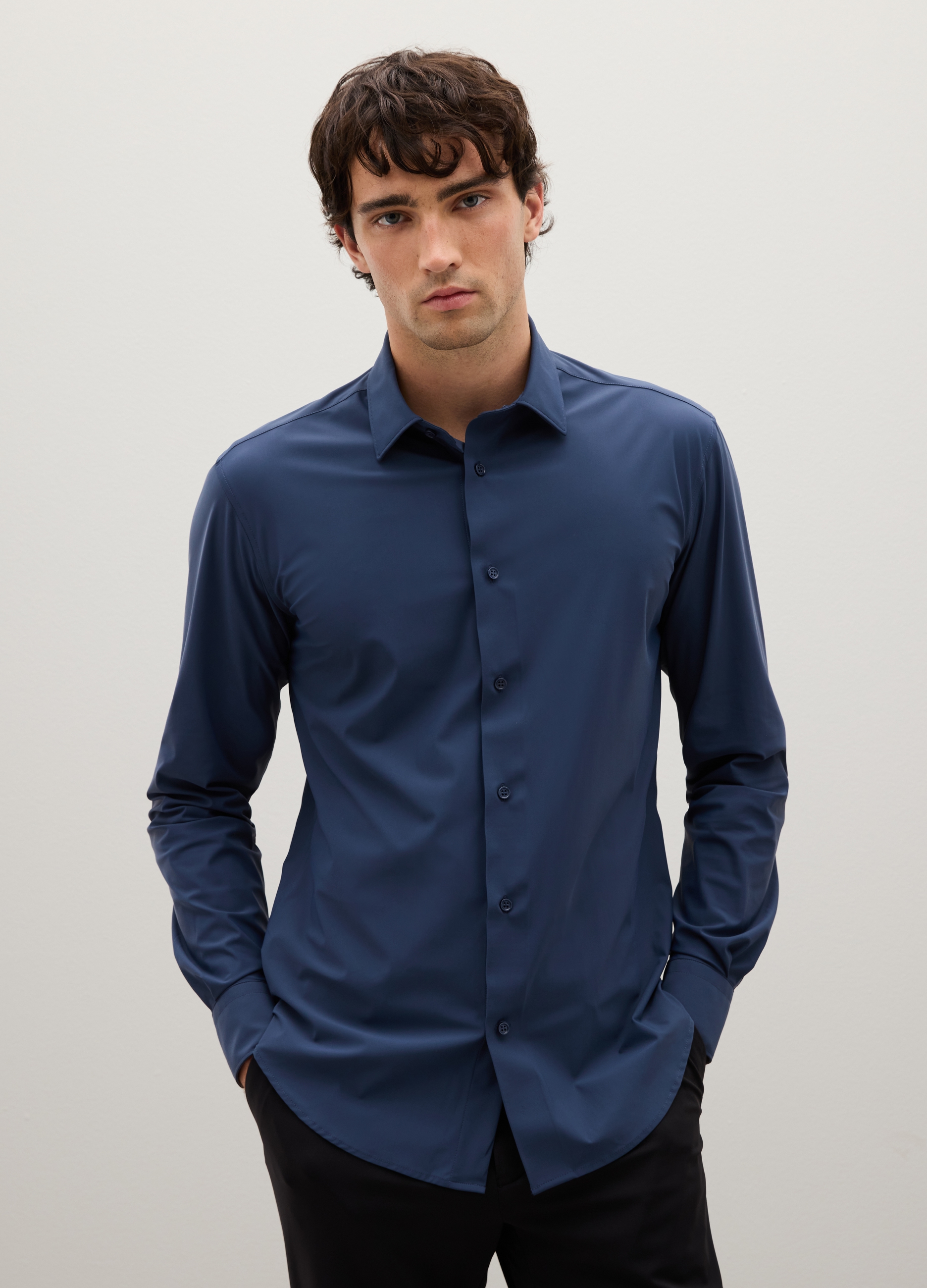 Piombo Tech, Camicia In Tessuto Elasticizzato Blu Slim Fit, Uomo, Blu, Taglia: S