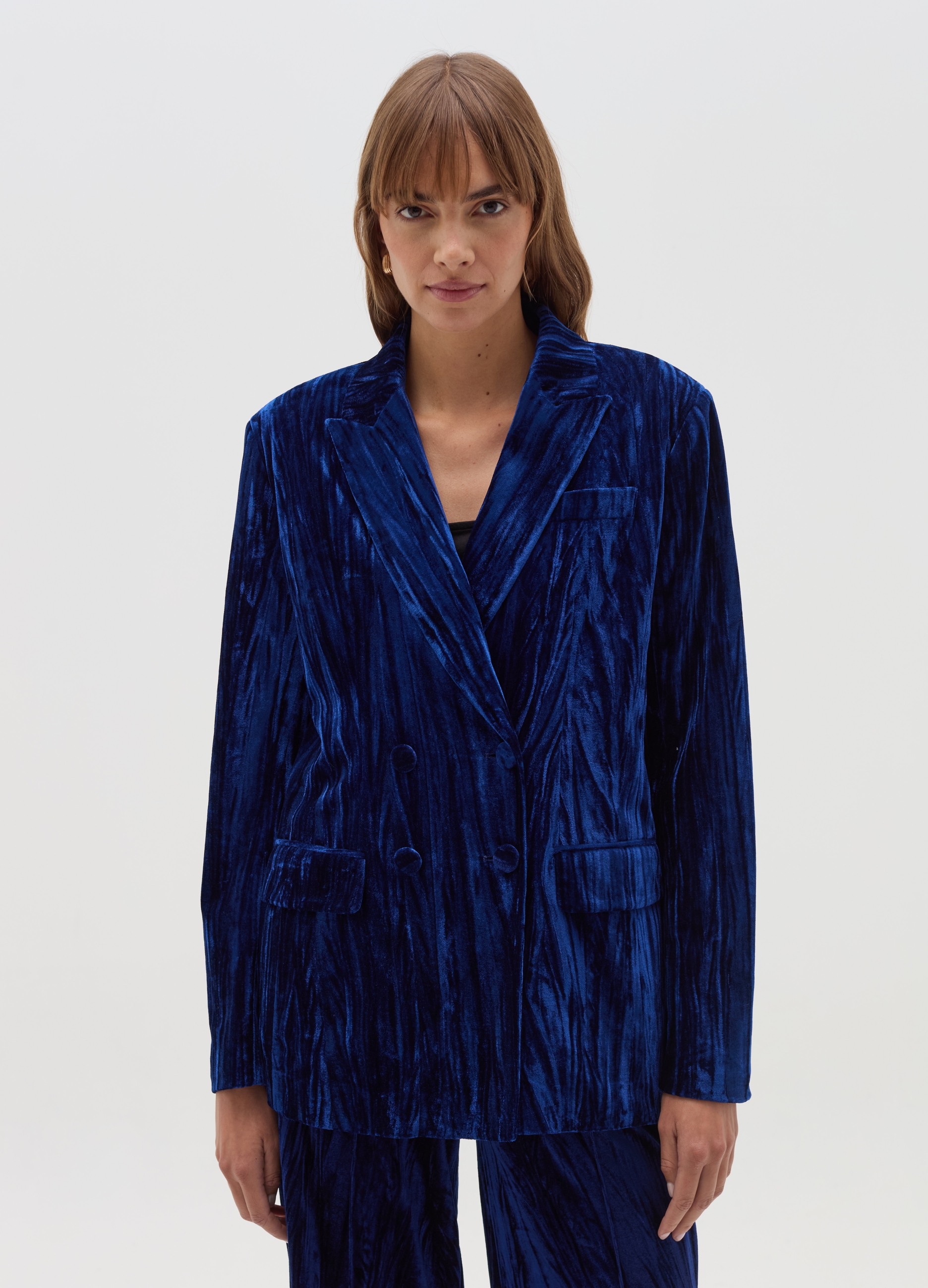 OVS, Blazer Doppiopetto In Velluto Effetto Crinkle, Donna, Blu, Taglia: M