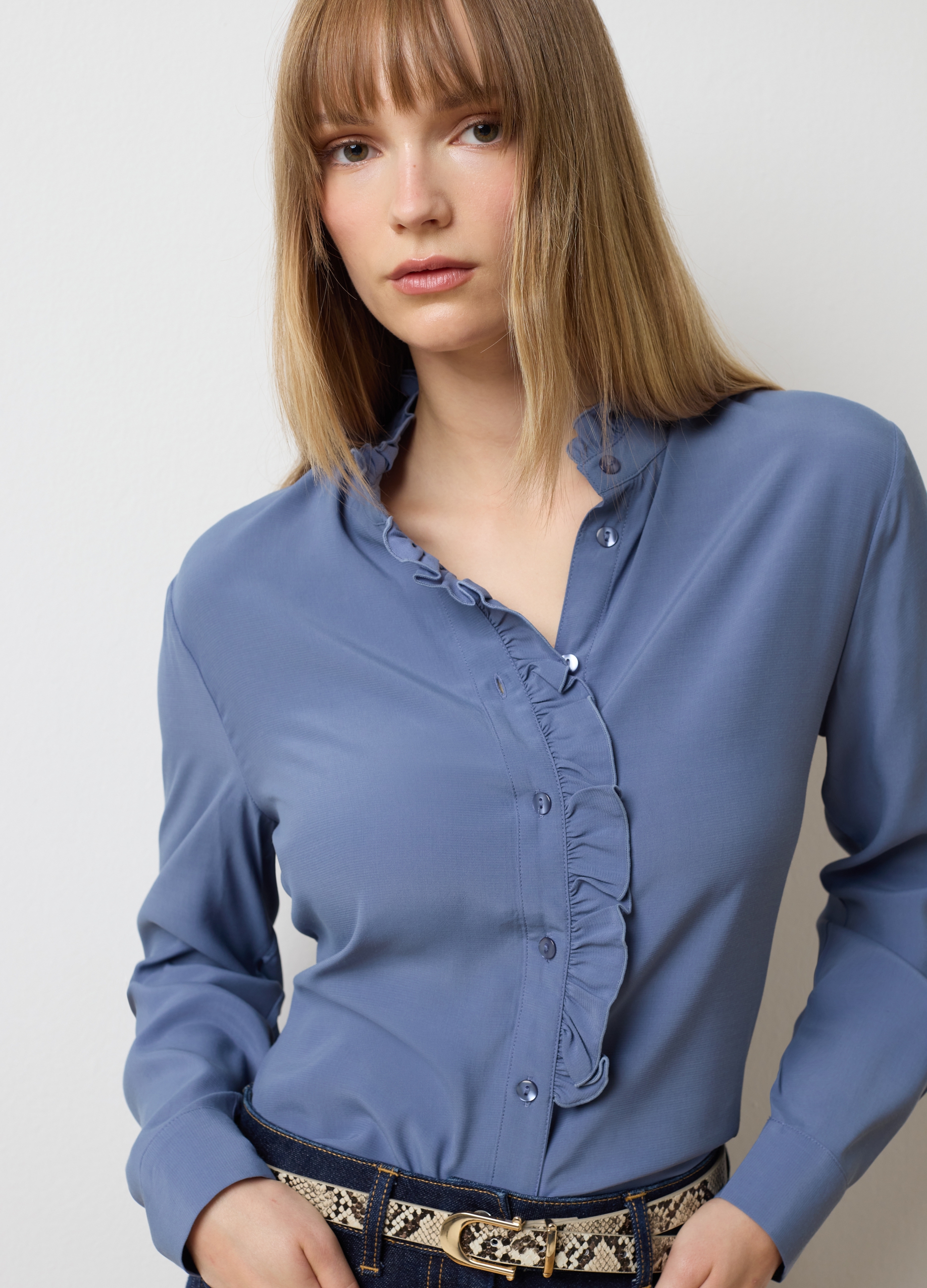 LES COPAINS, Camicia Azzurra Regular Fit Con Volant, Donna, Azzurro, Taglia: 40