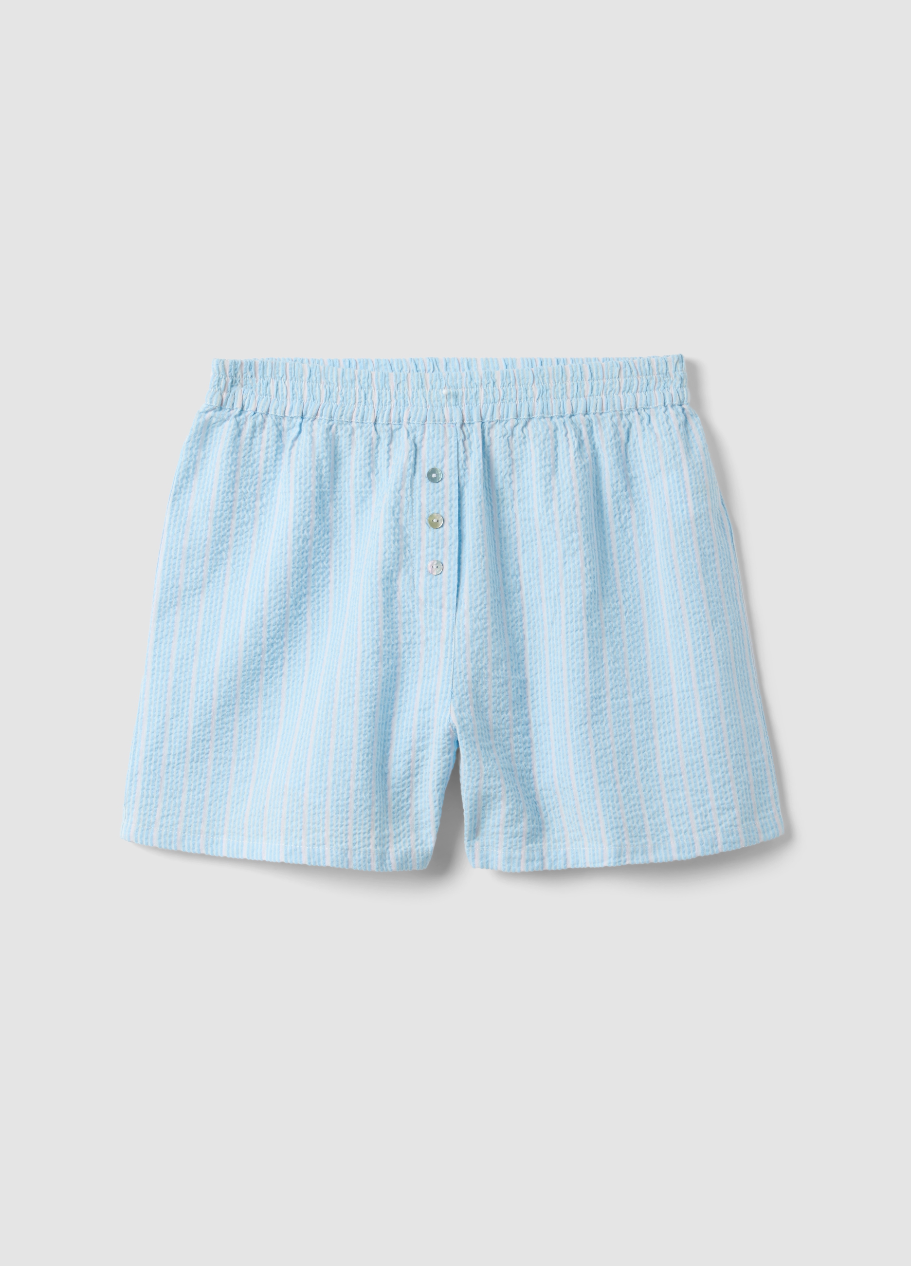 Short De Pijama Azul A Rayas De Puro Algodón, Corte Regular, Mujer, Azul claro, Talla: 40