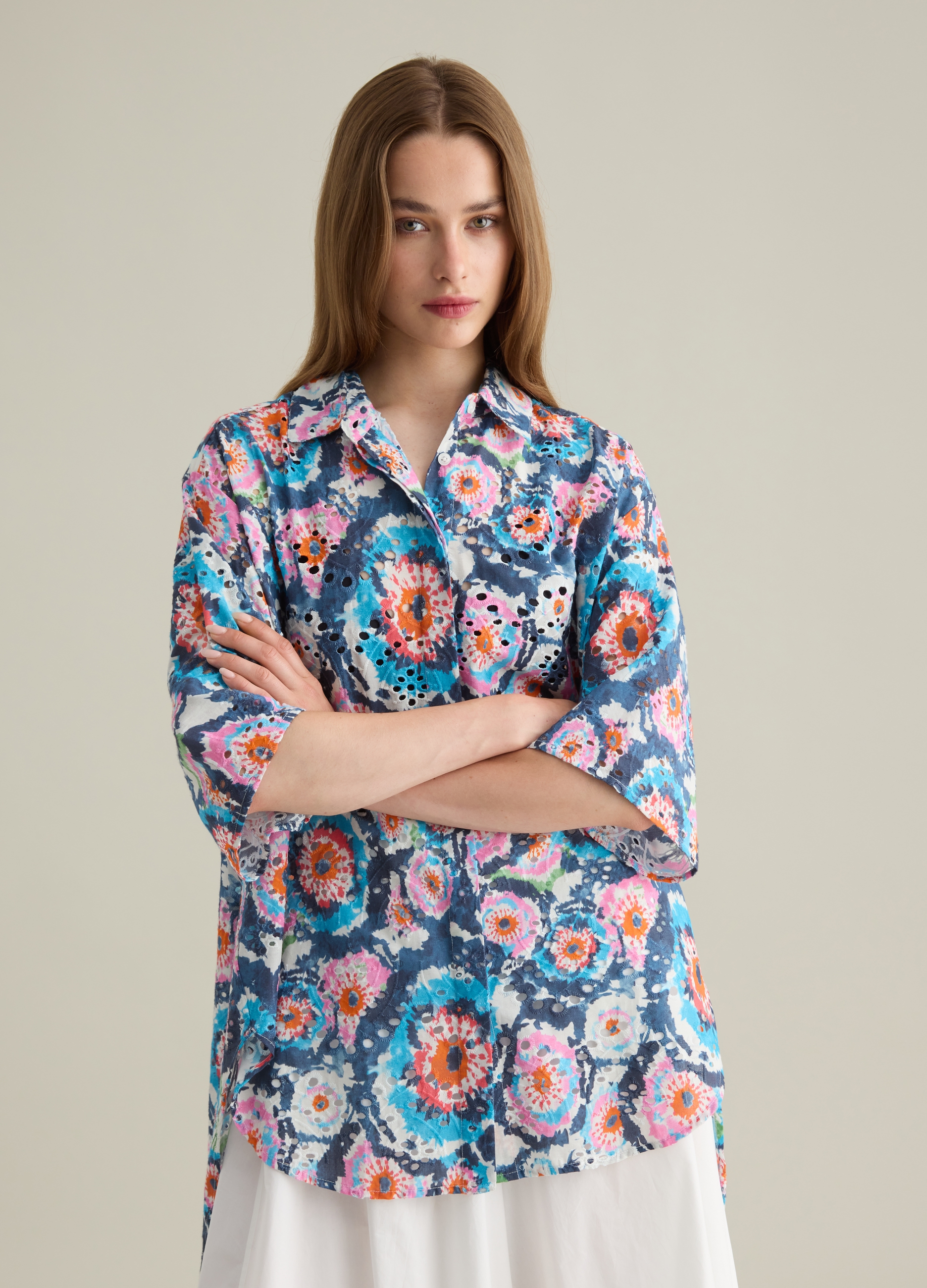 OVS, Blusa Oversize De Mujer En Algodón Puro Con Corte Ancho Multicolor, Mujer, Blanco/azul/naranja