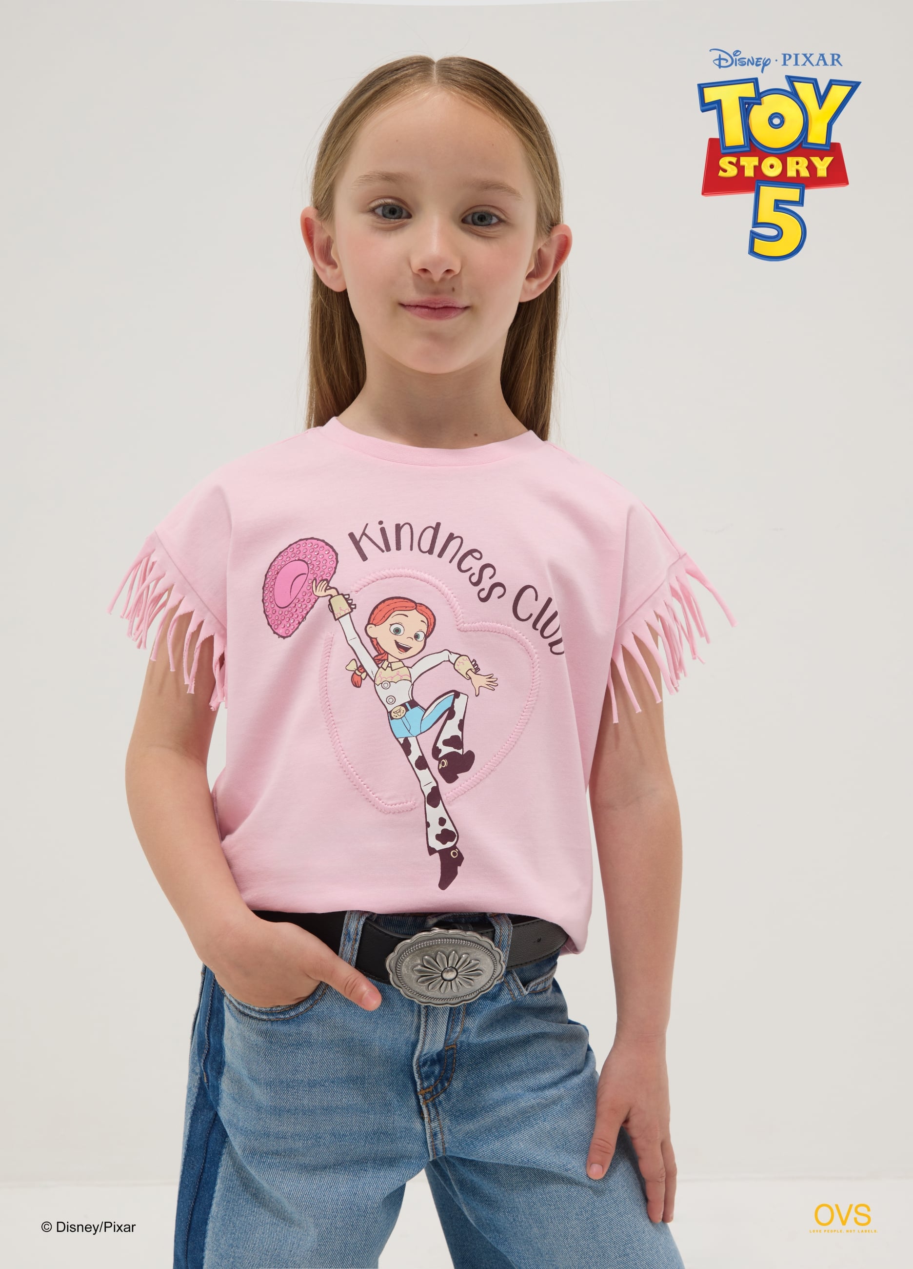 DISNEY, T-shirt Rosa In Puro Cotone Con Frange Sulle Maniche E Stampa Toy Story, Bambina, Rosa, Taglia: 6-7