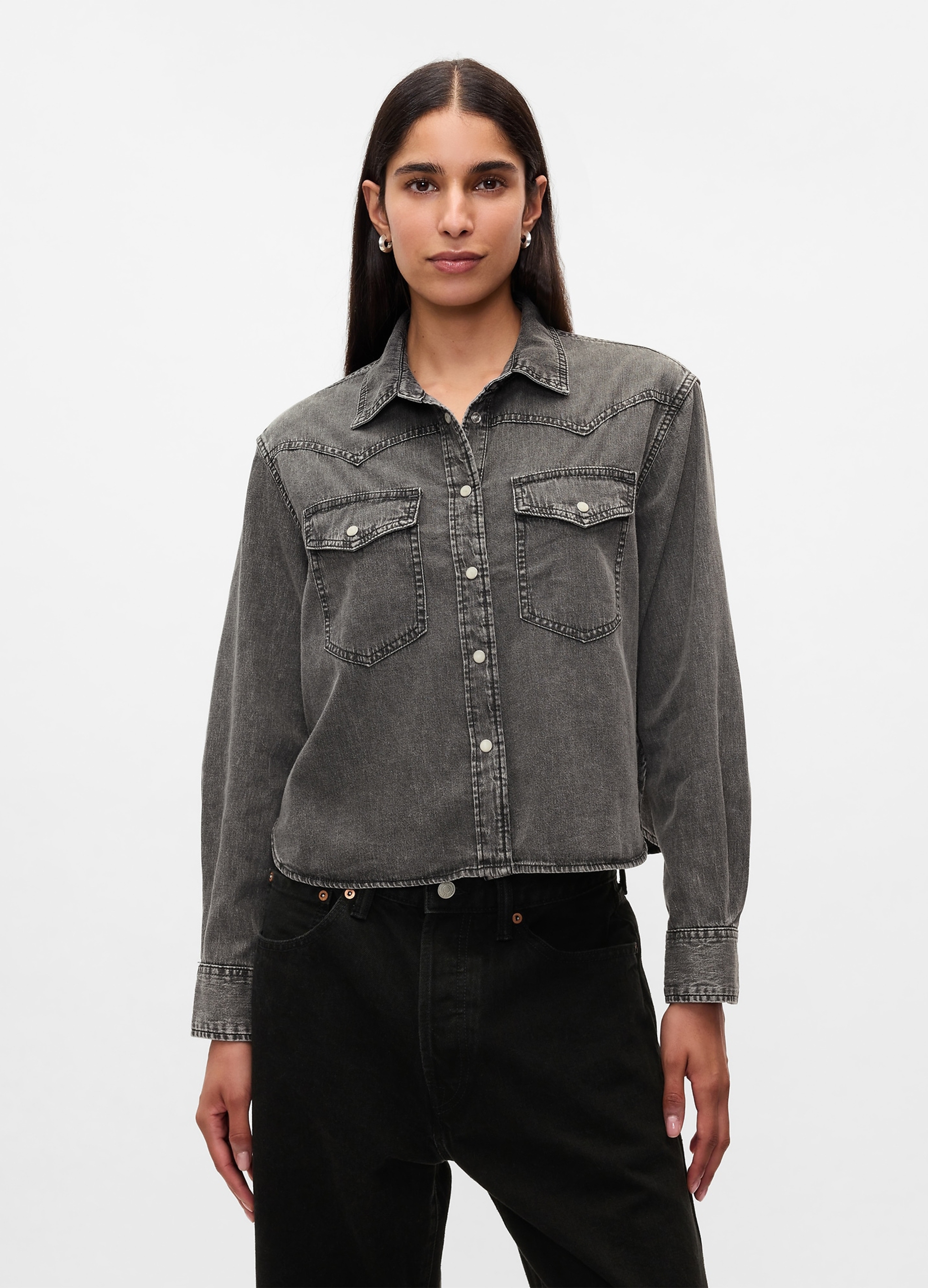 GAP, Camicia Cropped Western In Denim, Donna, Grigio, Taglia: L