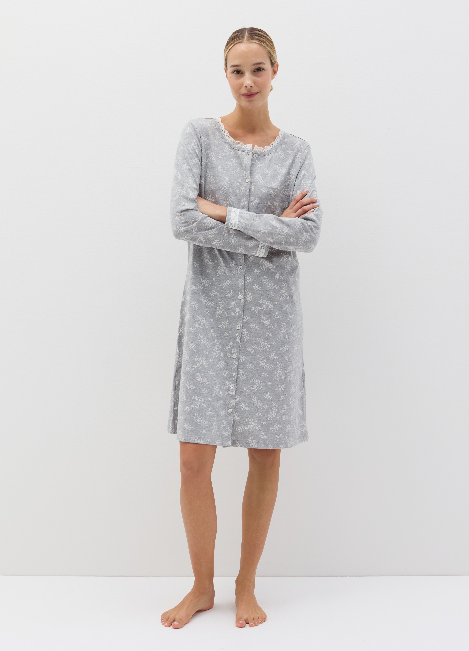 OVS, Camicia Da Notte Floreale Con Bottoni, Donna, Grigio, Taglia: 44