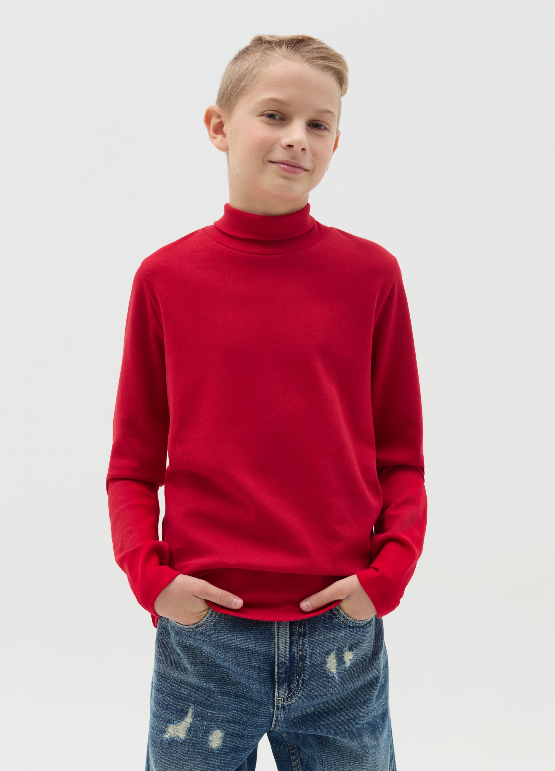 Camiseta De Algodón Con Cuello Alto, Niño, Rojo, Talla: 12-13