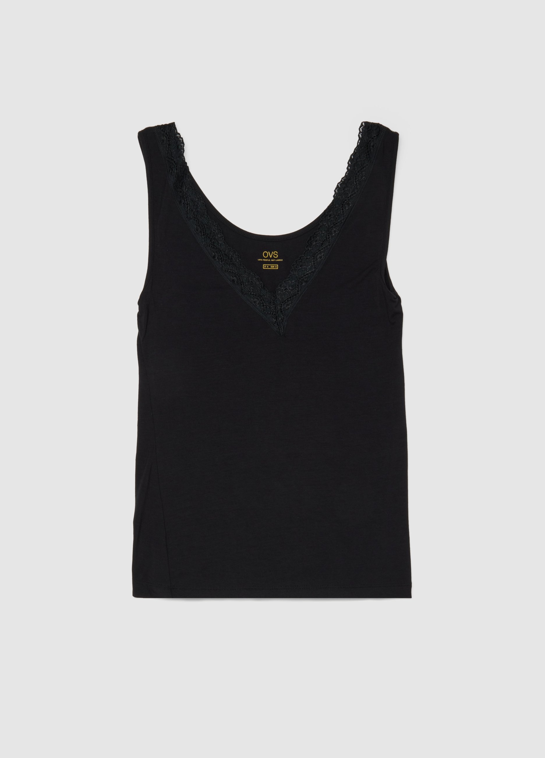 Canotta In Viscosa Elasticizzata Nera Regular Fit Deep V Con Pizzo, Mujer, Gunmetal, Talla: L