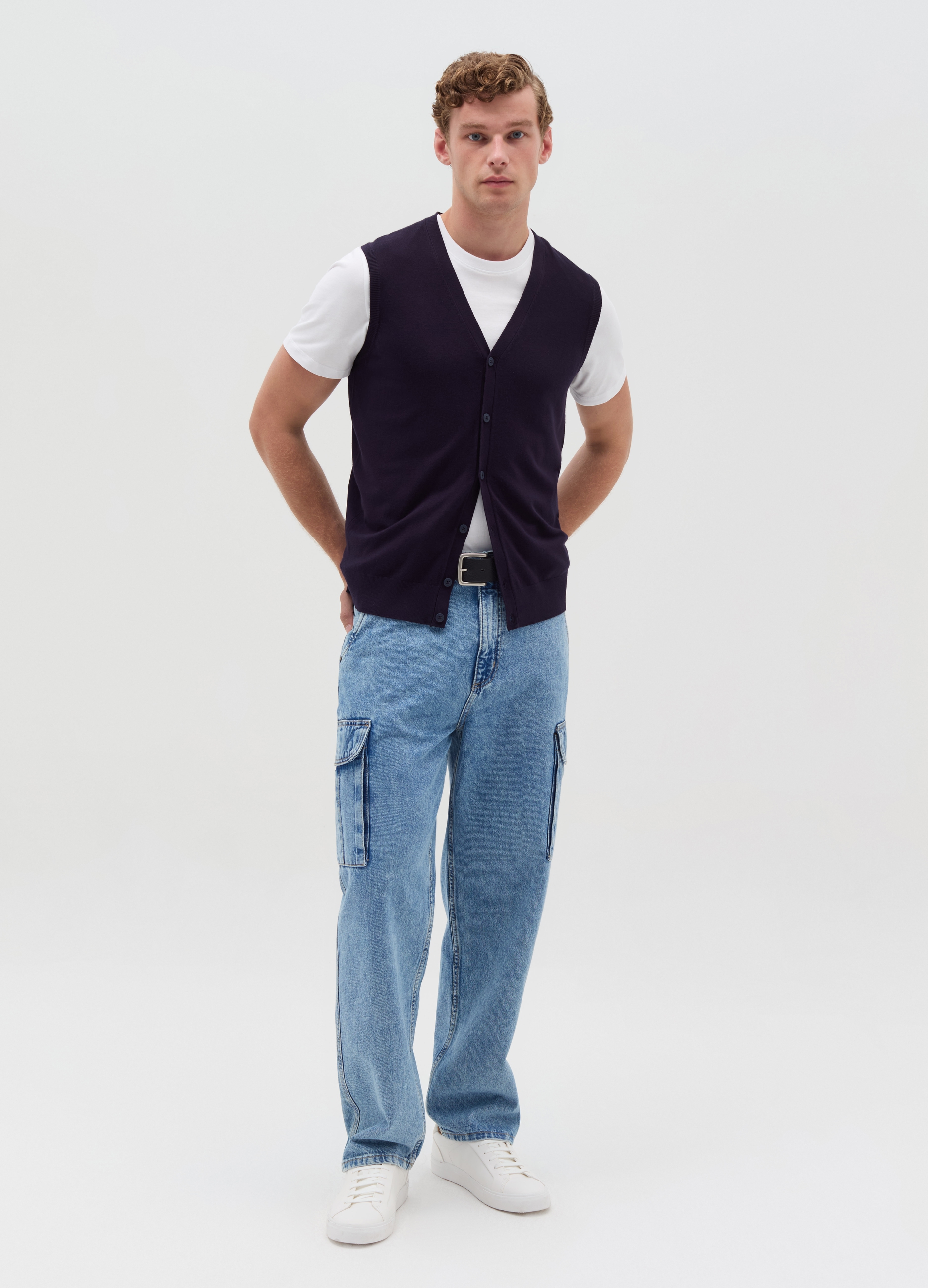 Chaleco Con Cuello De Pico, Hombre, Azul Noche, Talla: S