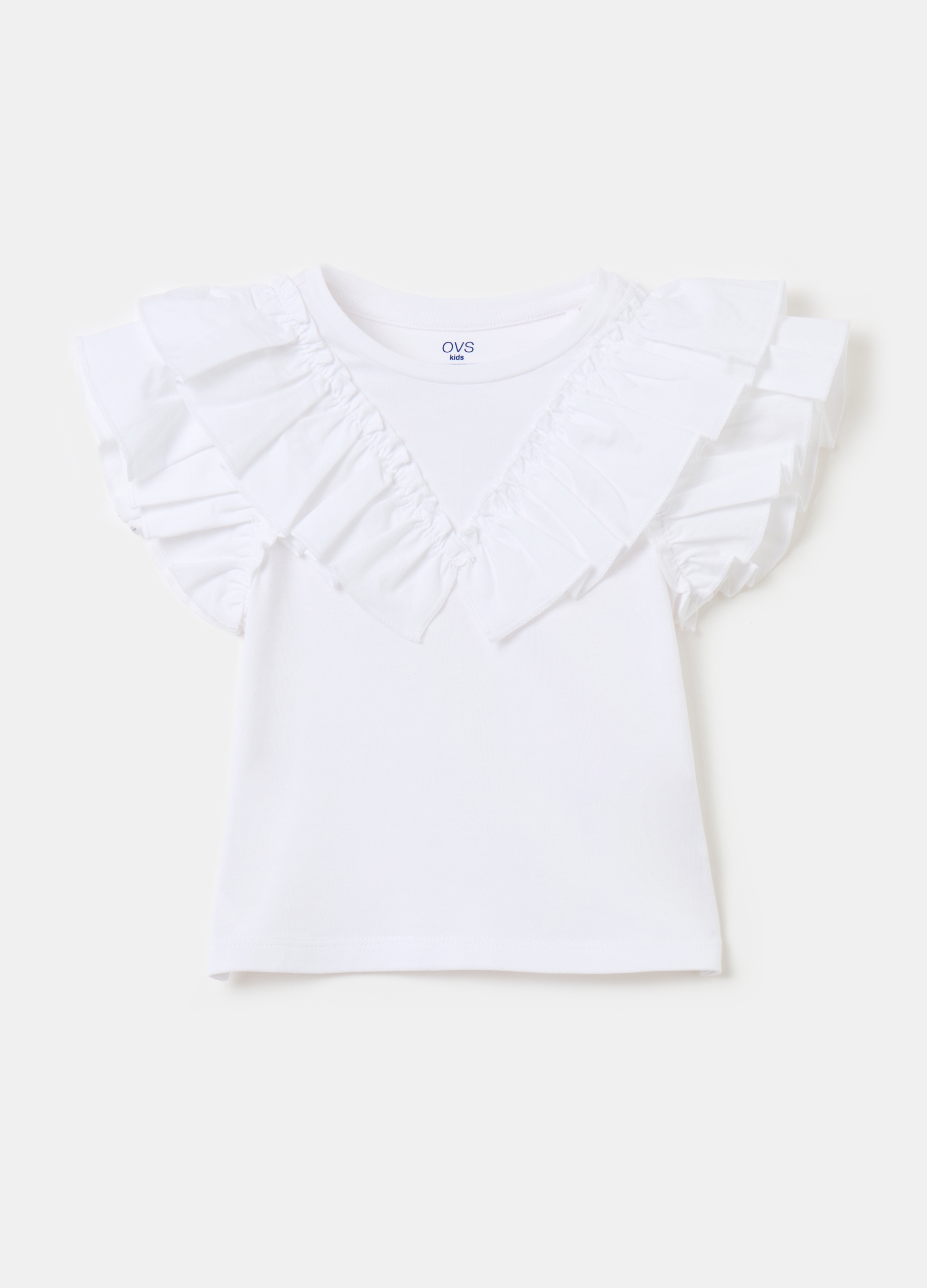 OVS, T-shirt In Cotone Stretch Con Volant, Bambina, Bianco, Taglia: 3-4