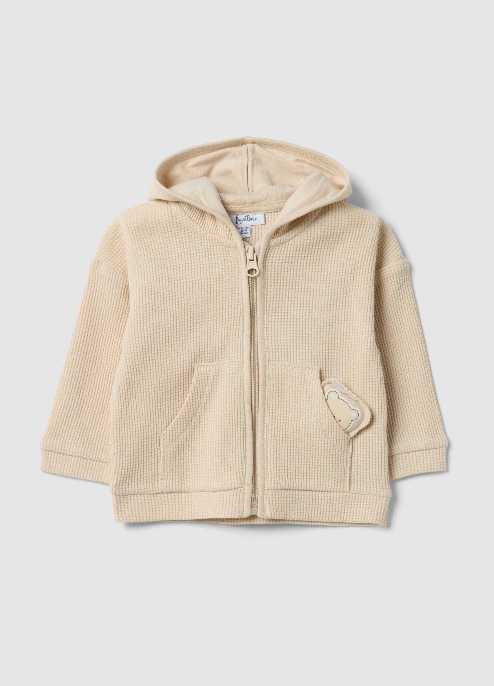 FAGOTTINO, Sudadera Con Capucha Beige De Algodón Puro, Ajuste Regular Con Osito, Bebé Niño, Beige Jaspeado, Talla: 6-9