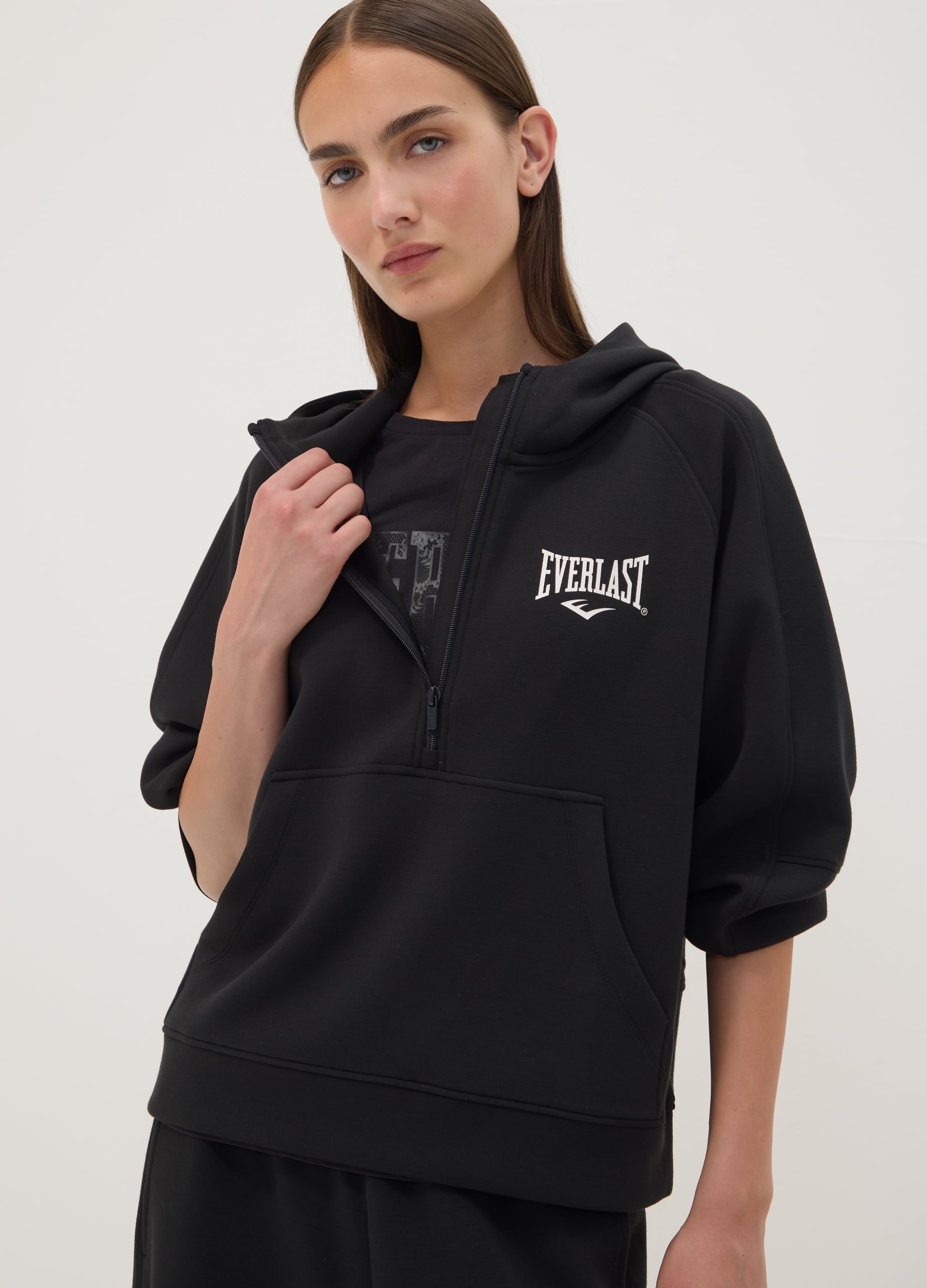 EVERLAST, Felpa Nera Con Cappuccio In Viscosa Elasticizzata Jersey Regular Fit, Unisex, Nero, Taglia: XS