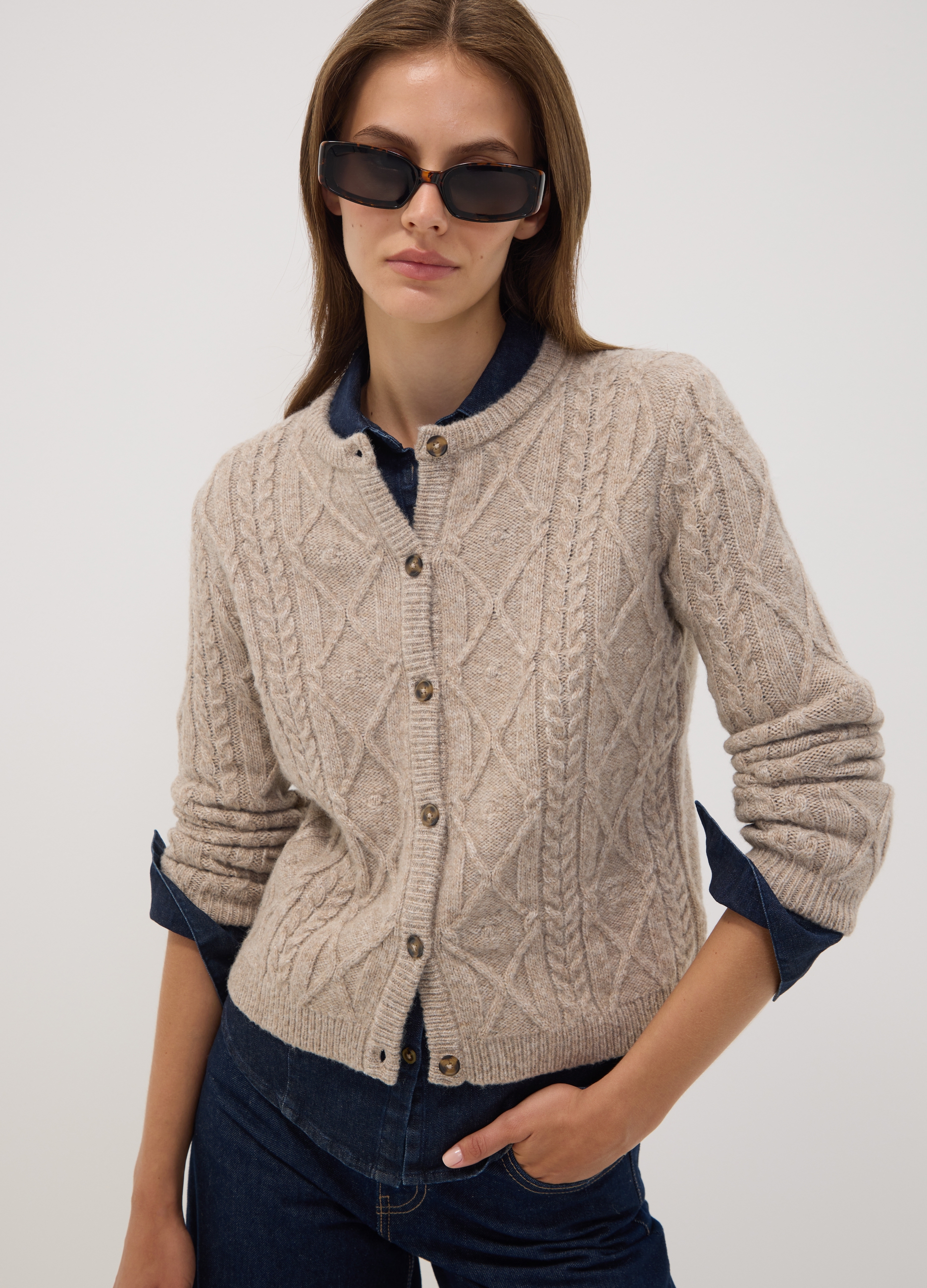 OVS, Cardigan Beige In Misto Lana A Trecce, Donna, Beige, Taglia: L
