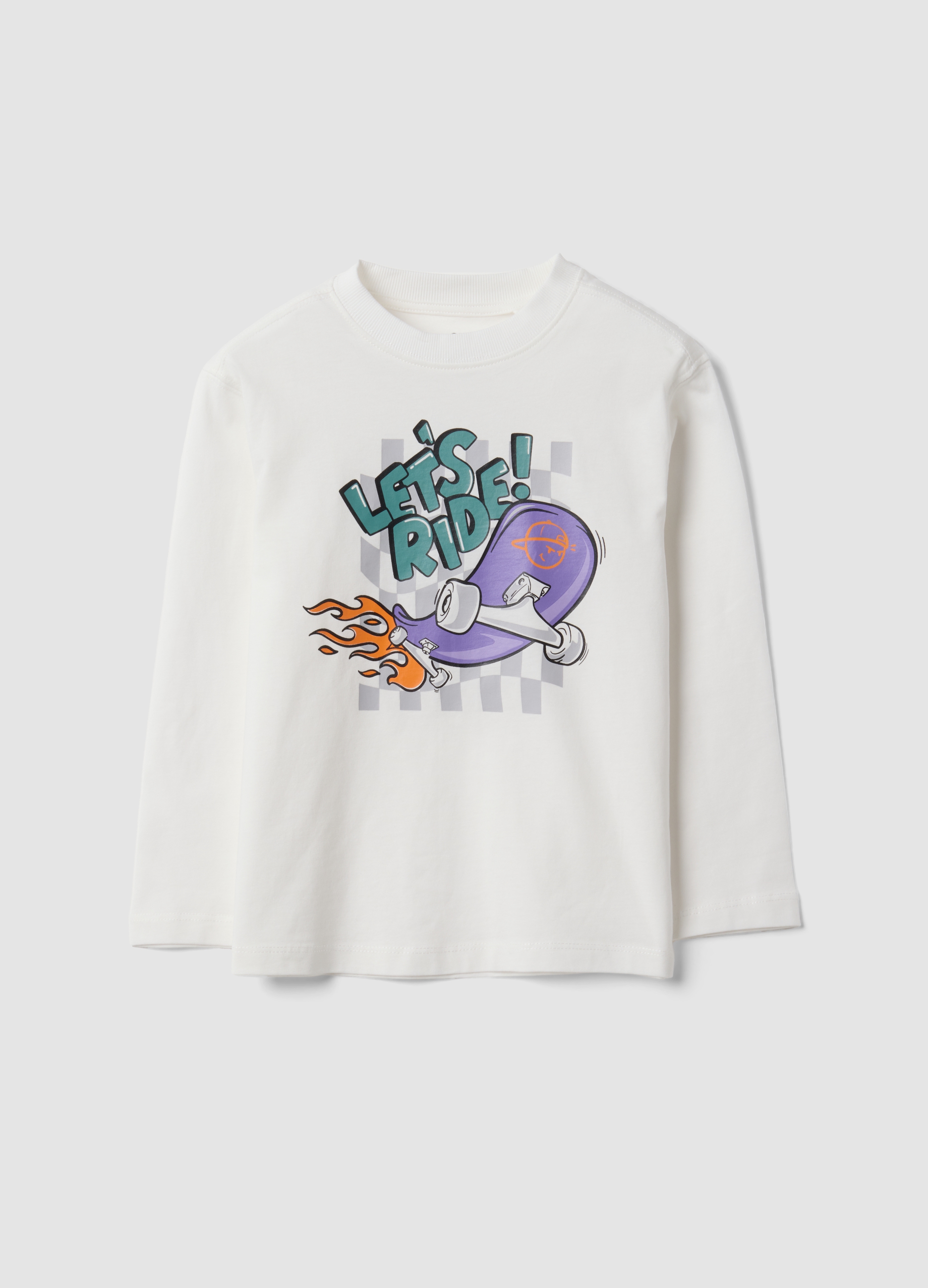 OVS KIDS, T-shirt Bianca In Puro Cotone A Girocollo Con Stampa Skater Per Bambino, Bianco, Taglia: 7-8