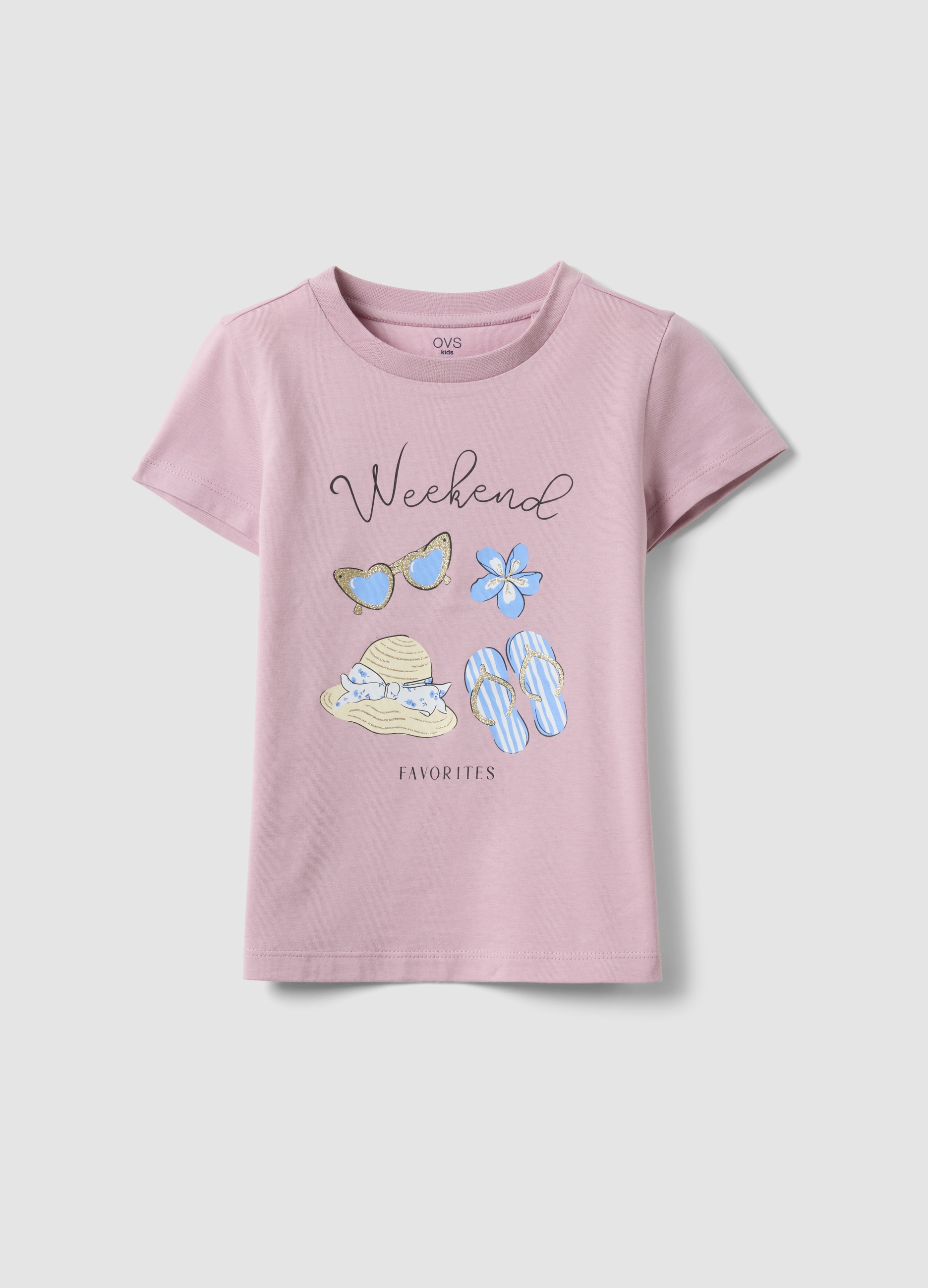 OVS KIDS, T-shirt Rosa In Puro Cotone Organico Da Bambina Con Stampa E Glitter, Niña, Rosa pastel, Talla: 7-8