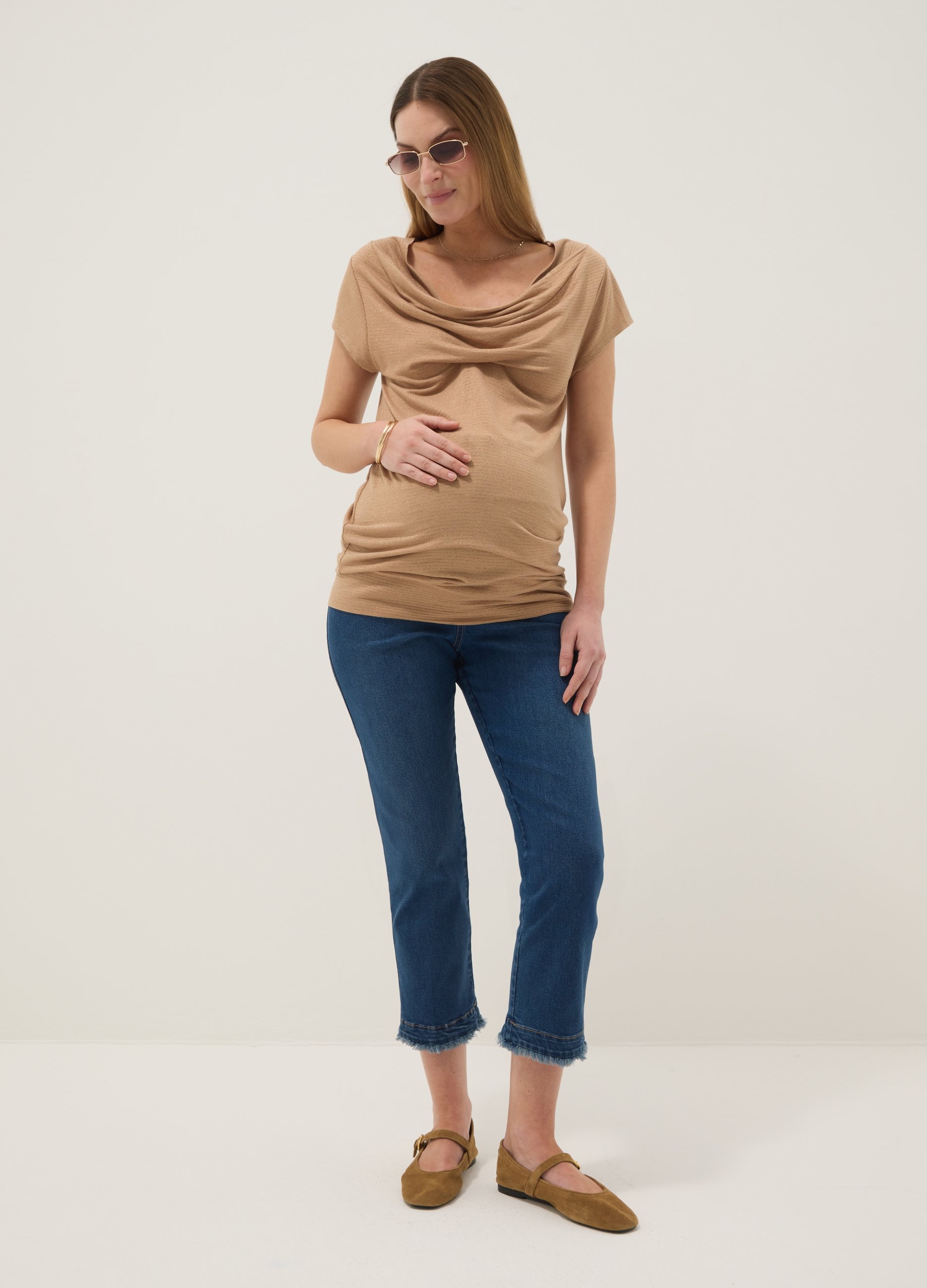 NICOL CARAMEL, Maglietta Beige Premaman A Maniche Corte In Viscosa Elasticizzata, Donna, Beige, Taglia: M