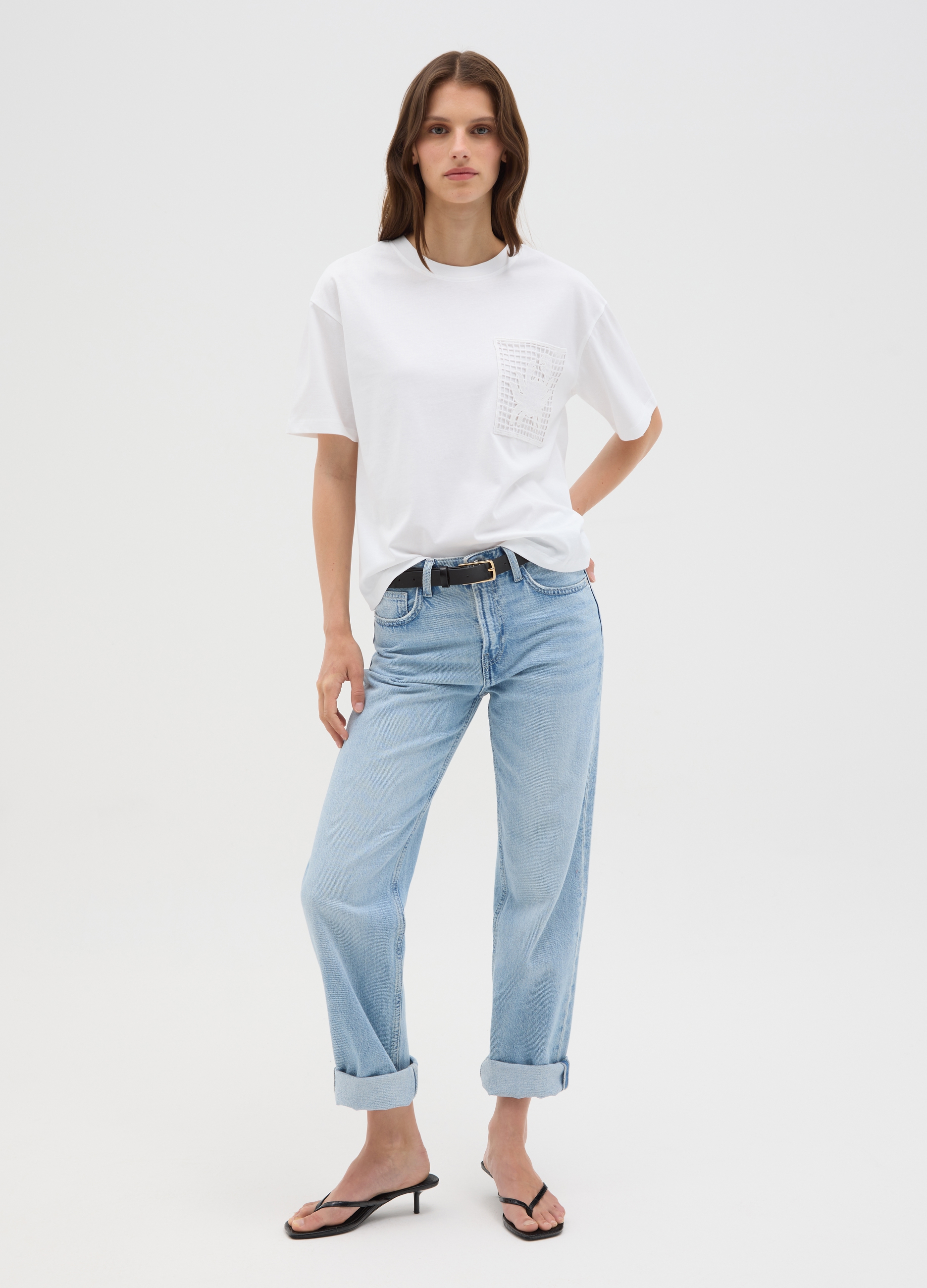 OVS , T-shirt Da Donna In Puro Cotone Bianca Regular Fit Con Tasca A Rete, Bianco, Taglia: S