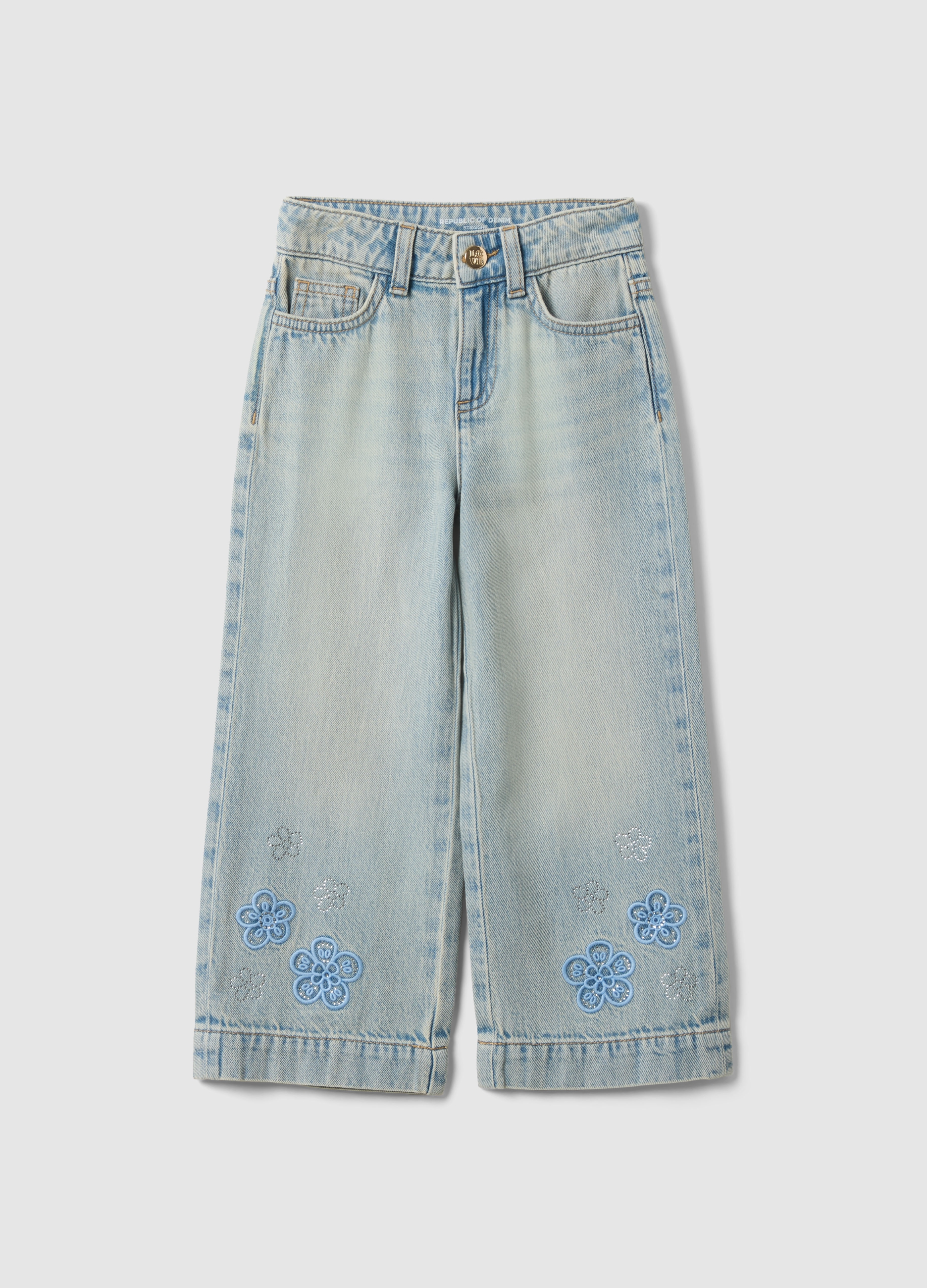 OVS KIDS, Jeans In Puro Cotone Denim Azzurro Da Bambina Regular Fit Con Ricami, Niña, Azul claro, Talla: 5-6