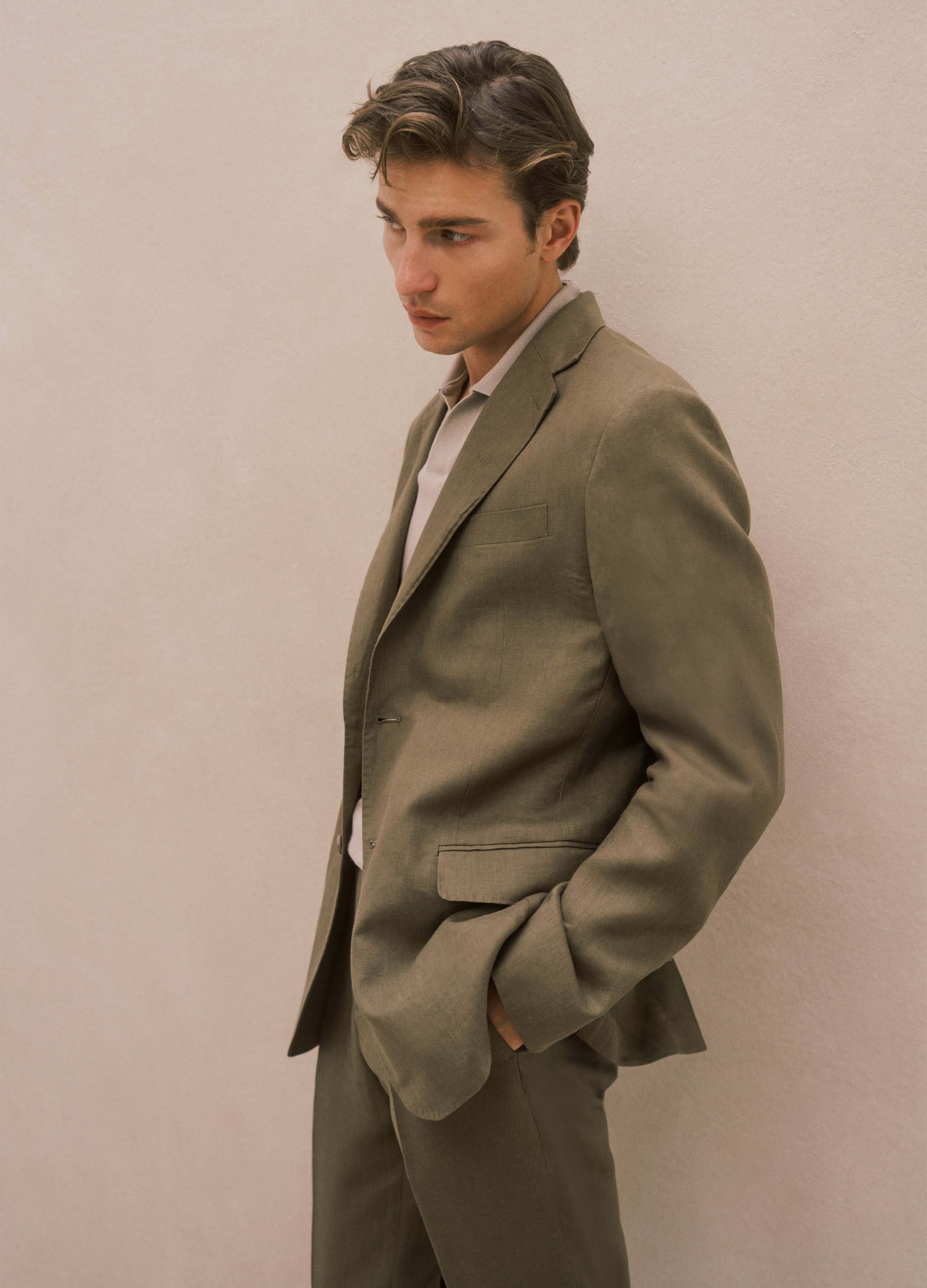 Piombo Contemporary, Blazer Marrón De Lino Puro Corte Regular, Hombre, Caqui, Talla: 48