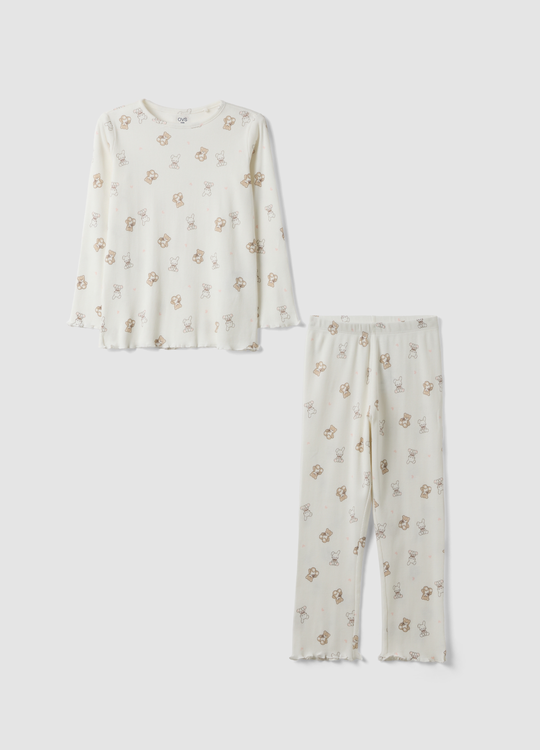OVS KIDS, Pigiama Bianco In Puro Cotone Organico A Costine Con Orsetti Per Bambina, Bianco, Taglia: 9-10