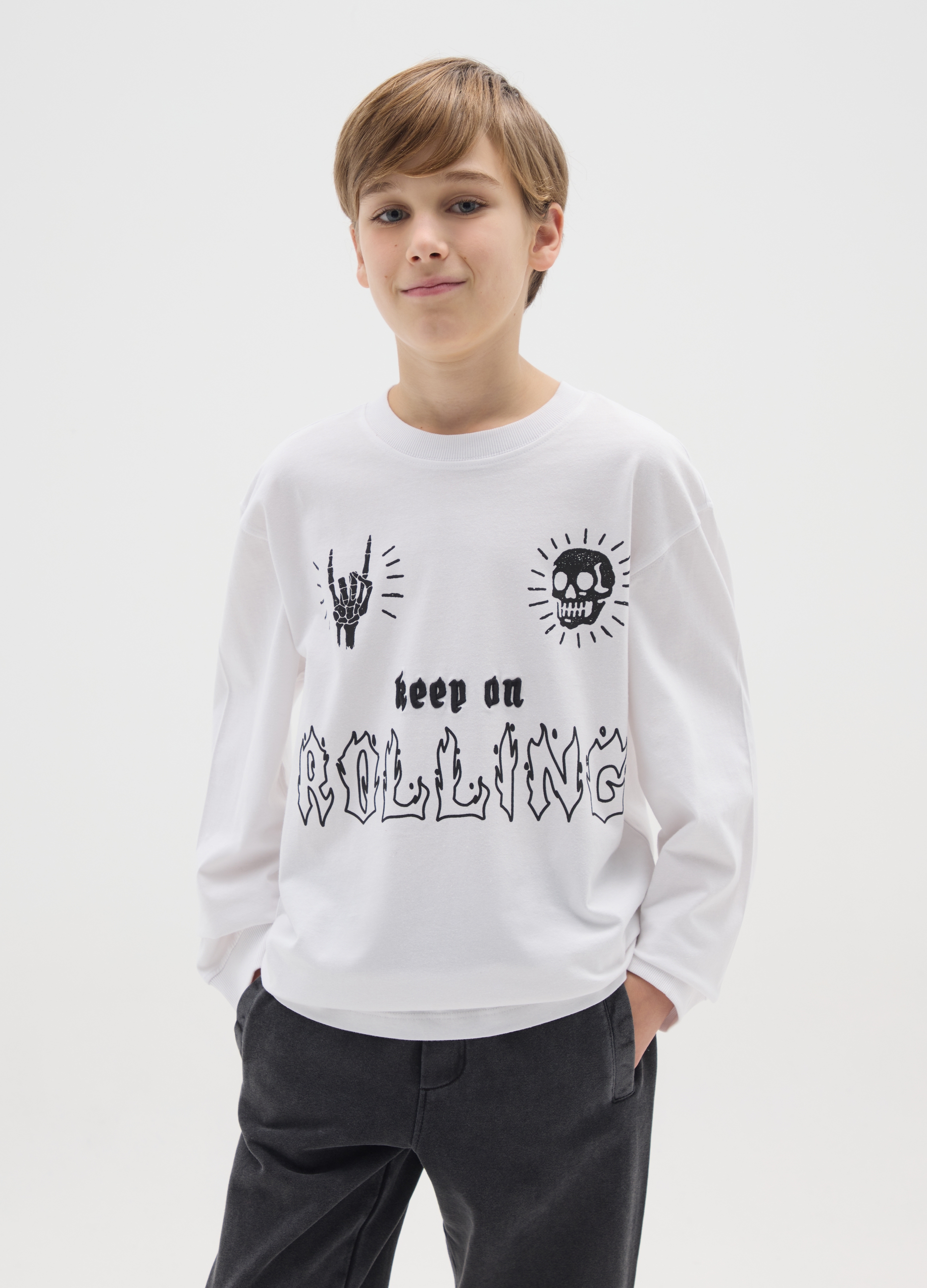 OVS KIDS, T-shirt Bianca A Maniche Lunghe In Cotone, Bambino, Bianco, Taglia: 13-14