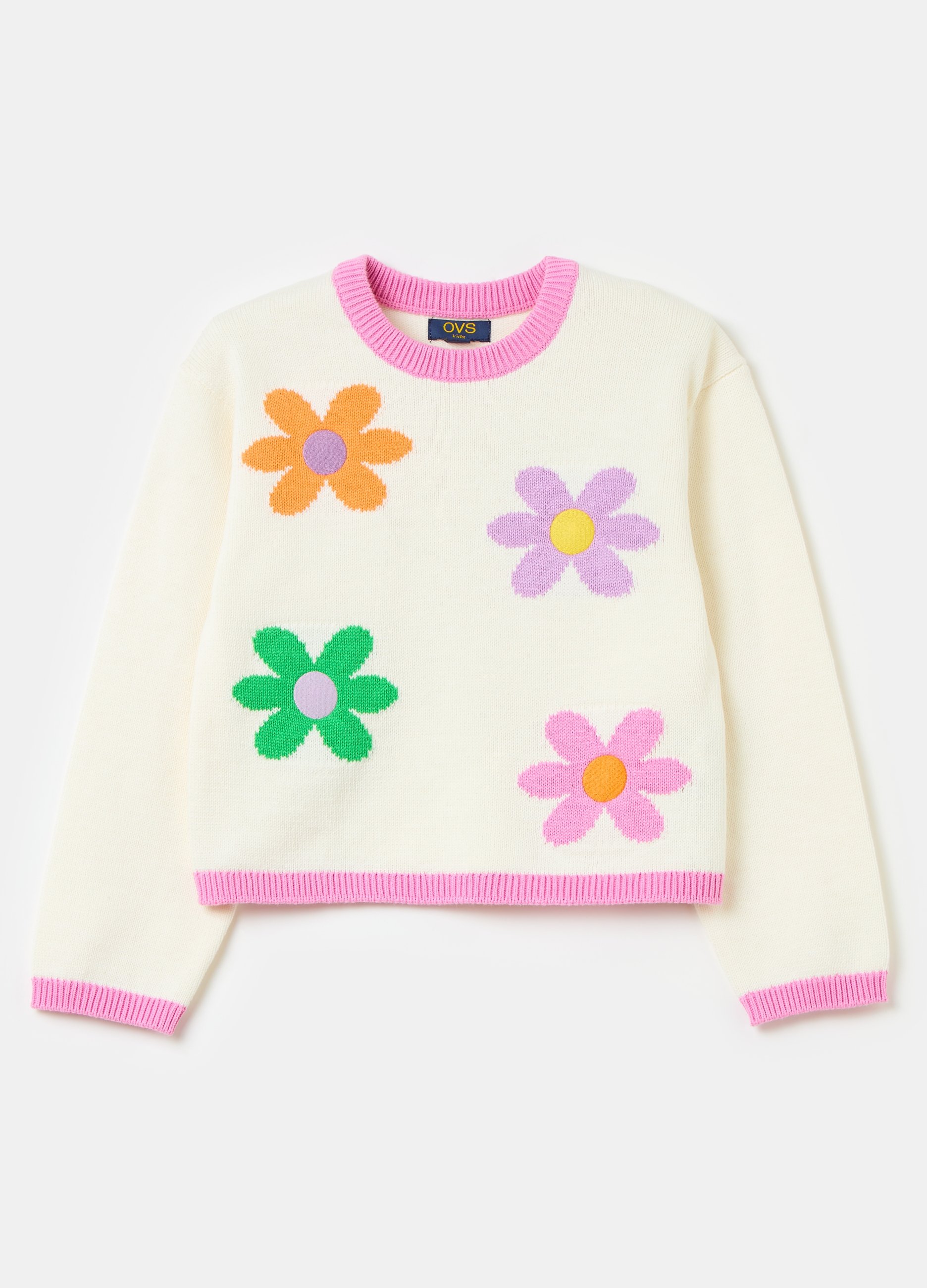 OVS, Pullover In Cotone Con Fiori Jacquard, Bambina, Bianco, Taglia: 3-4