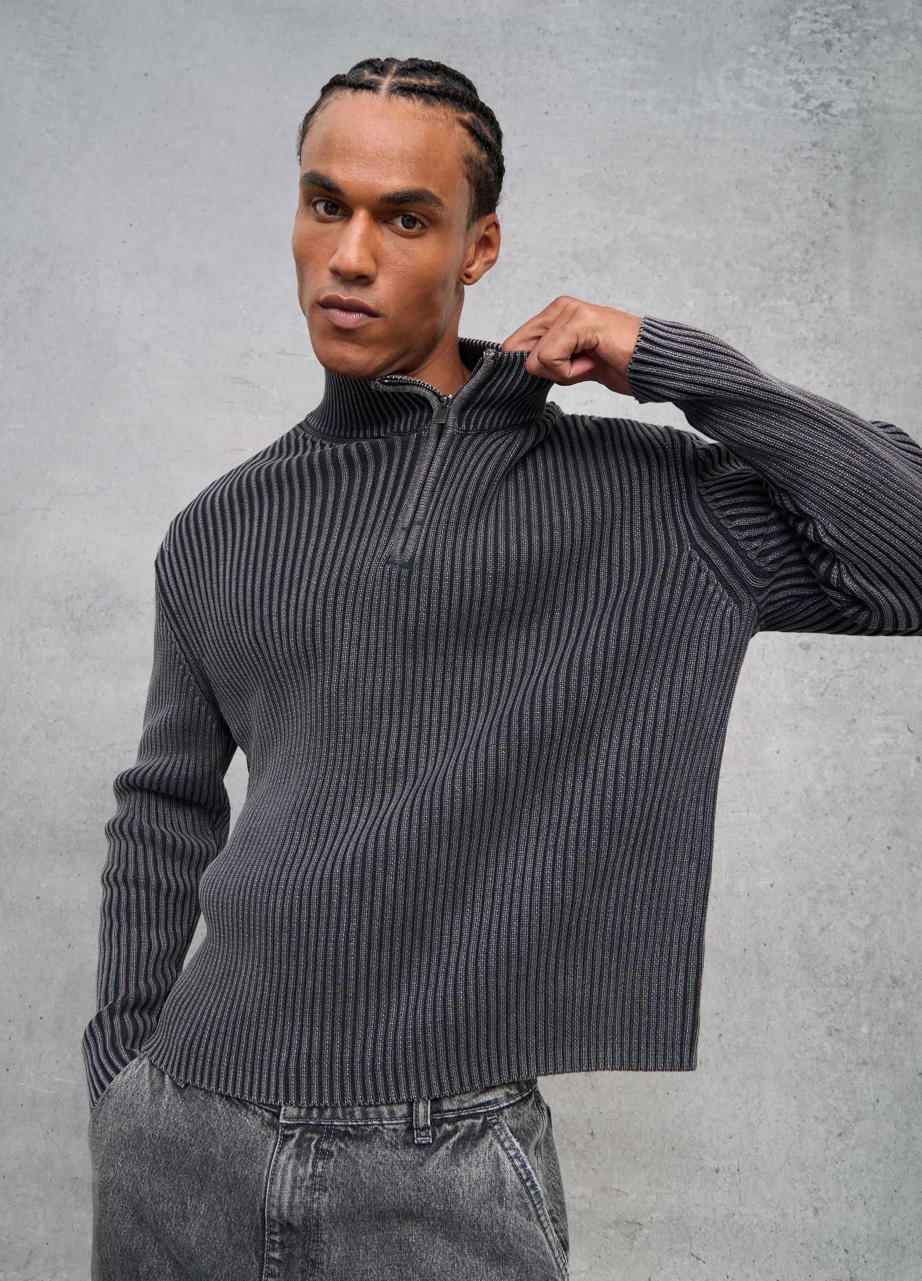 Half-zip Ribbed Knit Vintage Grey, Hombre, Gris pizarra, Talla: M