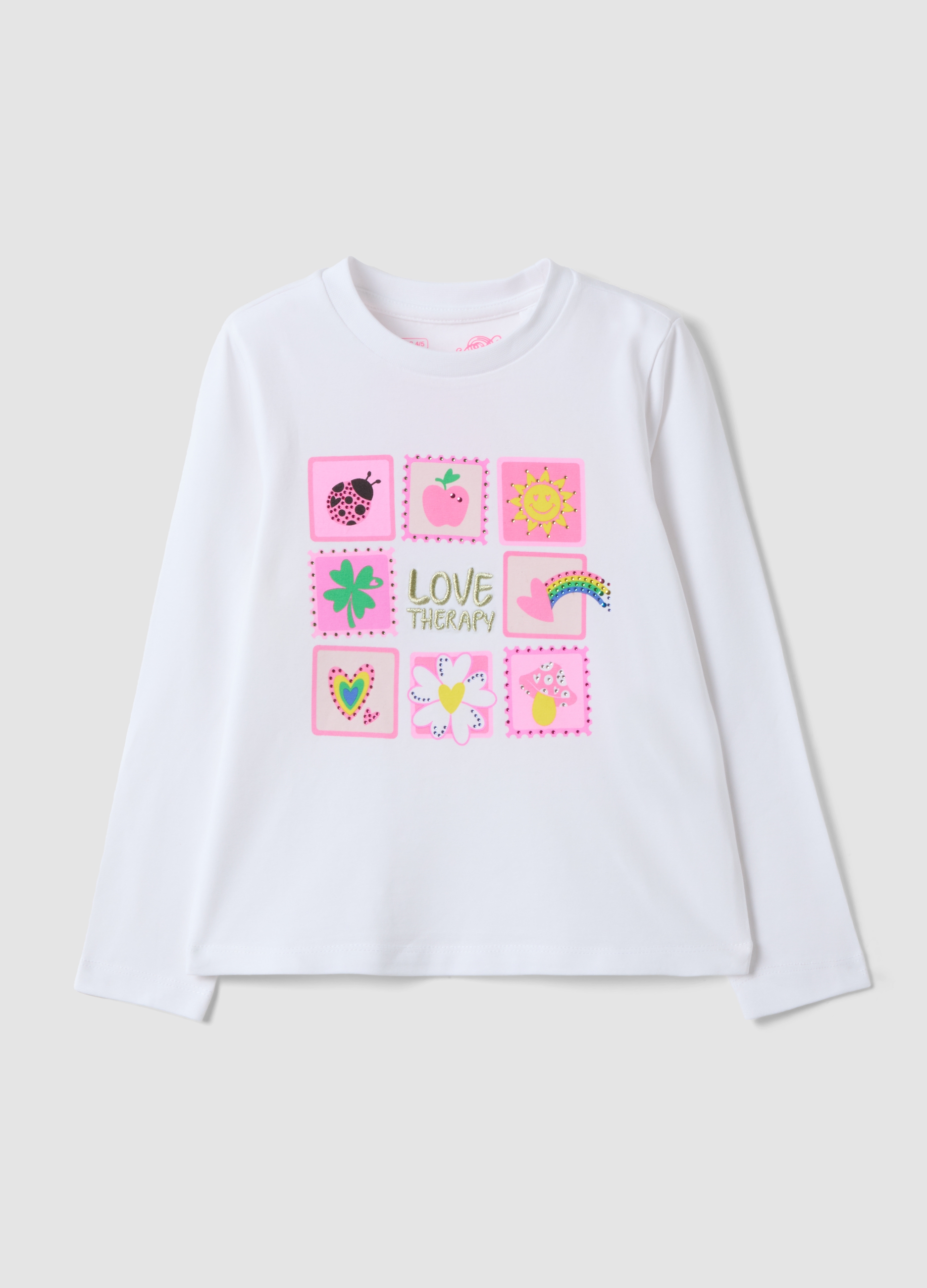LOVE THERAPY, T-shirt Bianca In Cotone Elasticizzato Con Girocollo E Stampa Per Bambina, Bianco, Taglia: 4-5