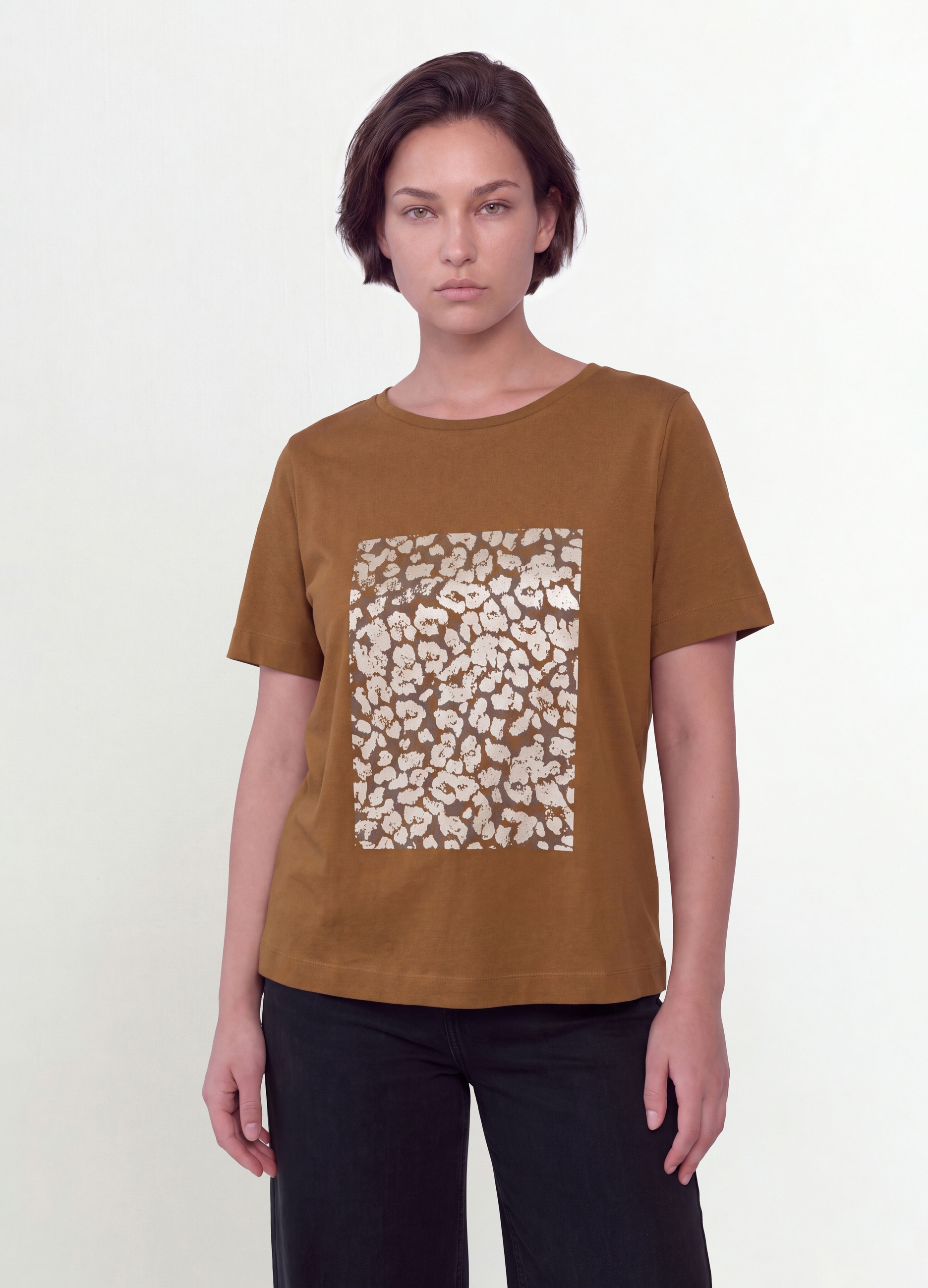 MYA, T-shirt Marrone In Puro Cotone Con Stampa Frontale Regular Fit, Donna, Marrone, Taglia: S
