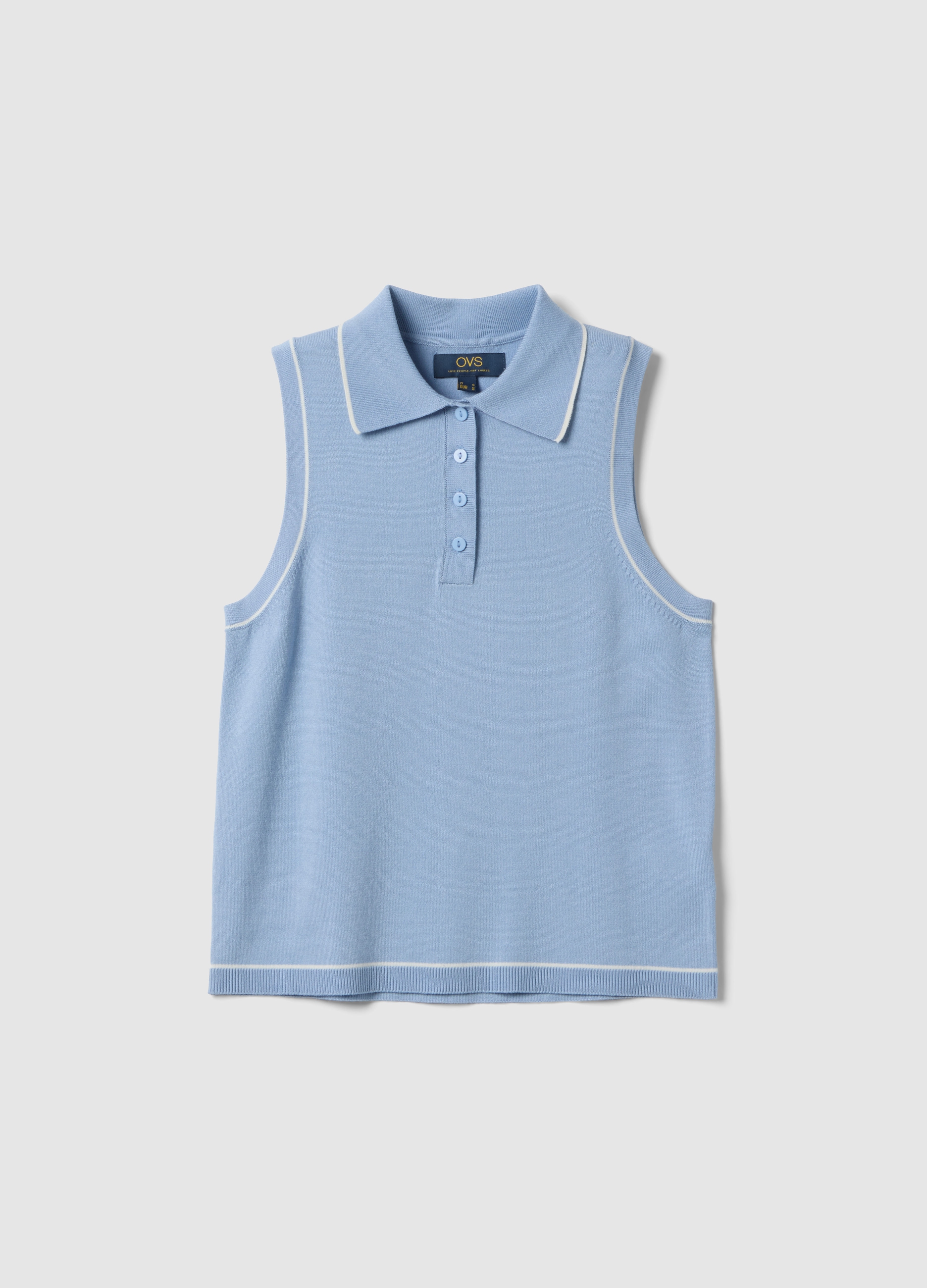 Polo Sin Mangas En Mezcla De Viscosa Azul Claro Slim Fit Con Botones, Mujer, Azul Azur, Talla: 36