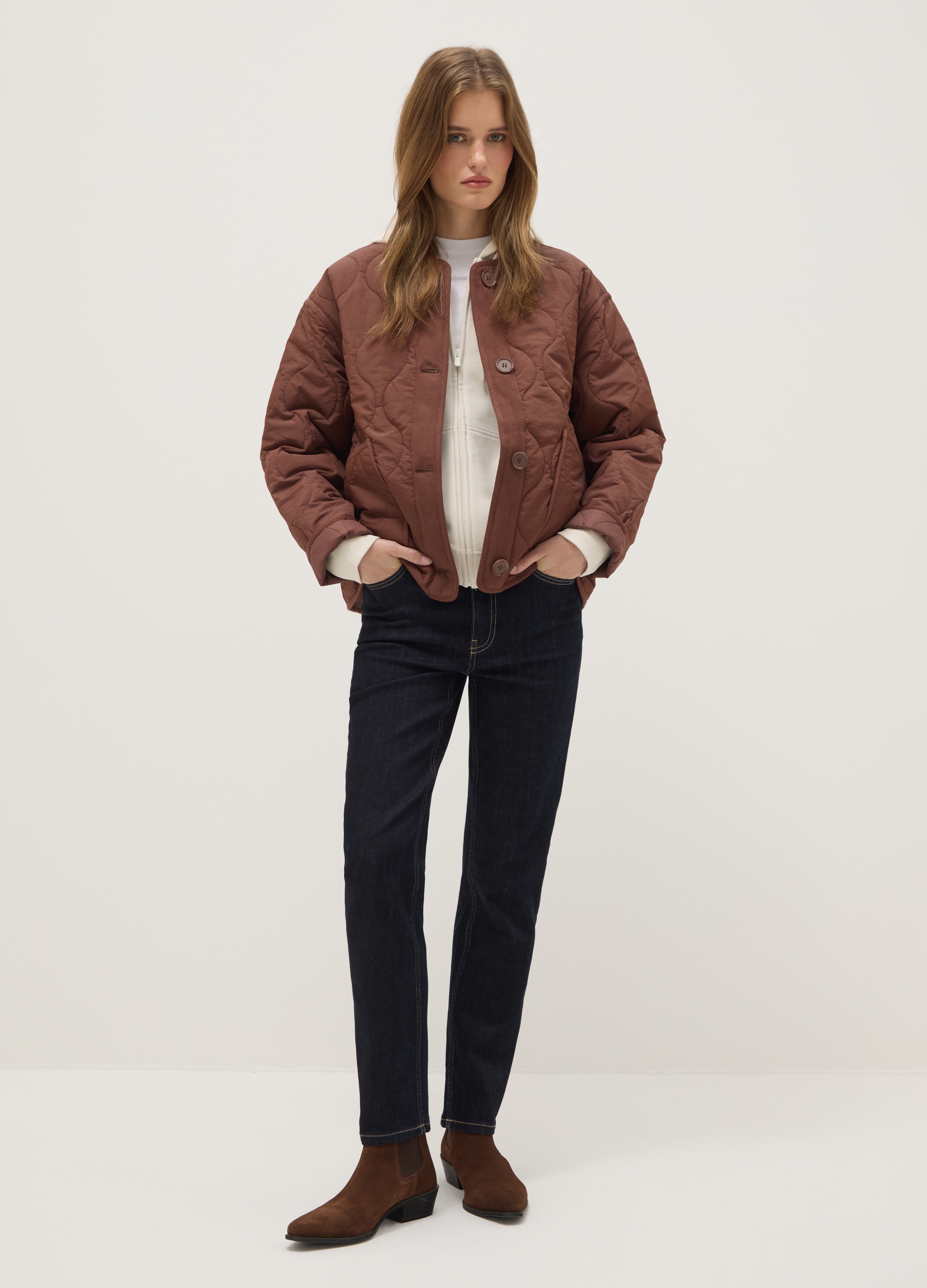 Chaqueta Acolchada Marrón Corte Regular Con Botones, Mujer, Marrón chocolate, Talla: S