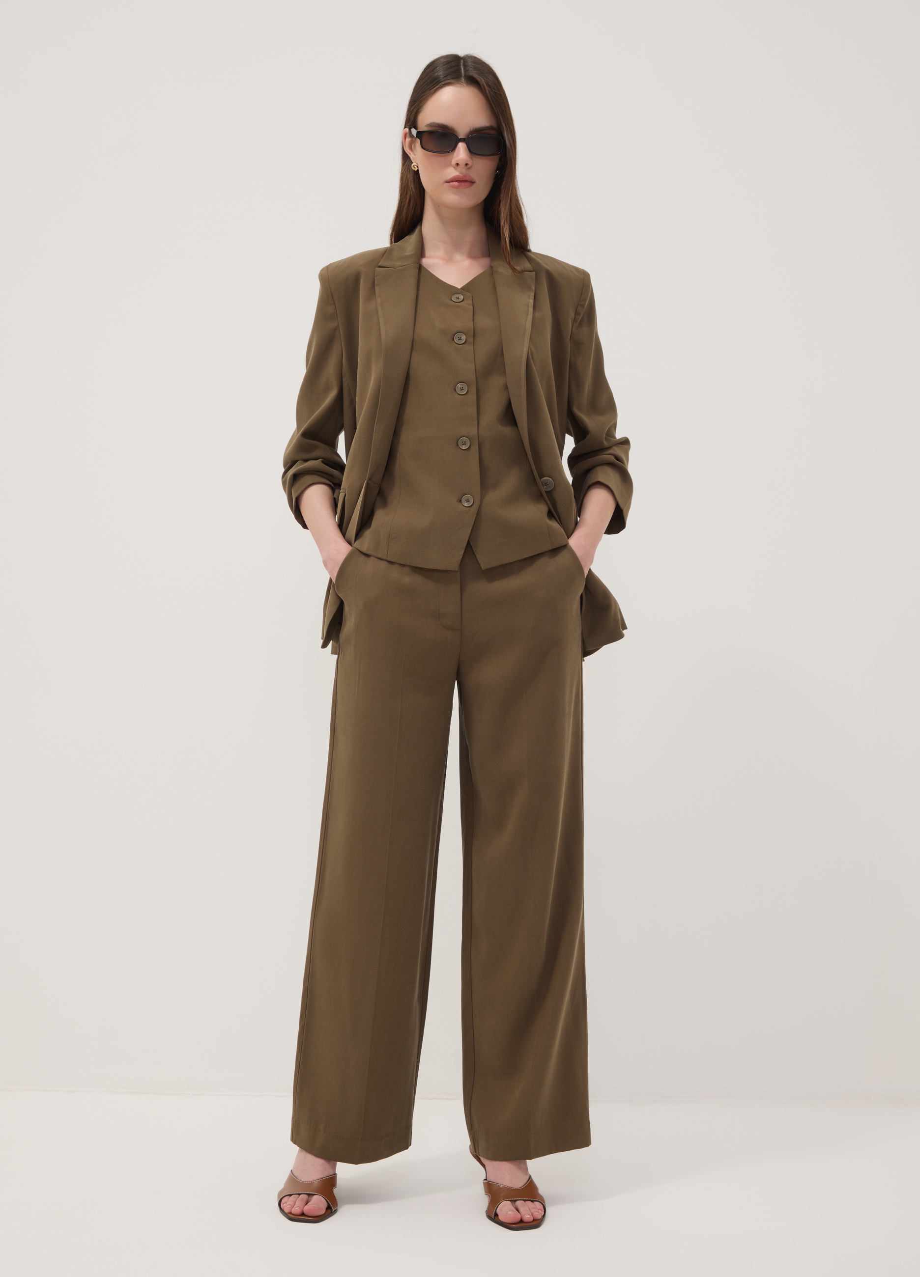 OVS, Pantaloni Verdi In Misto Viscosa Straight Fit, Donna, Verde, Taglia: 42
